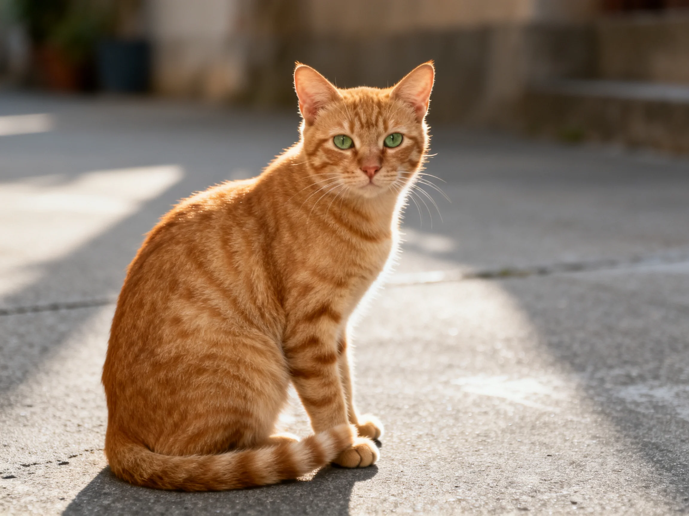 An orange tabby cat sits on sunlit pavement near structures