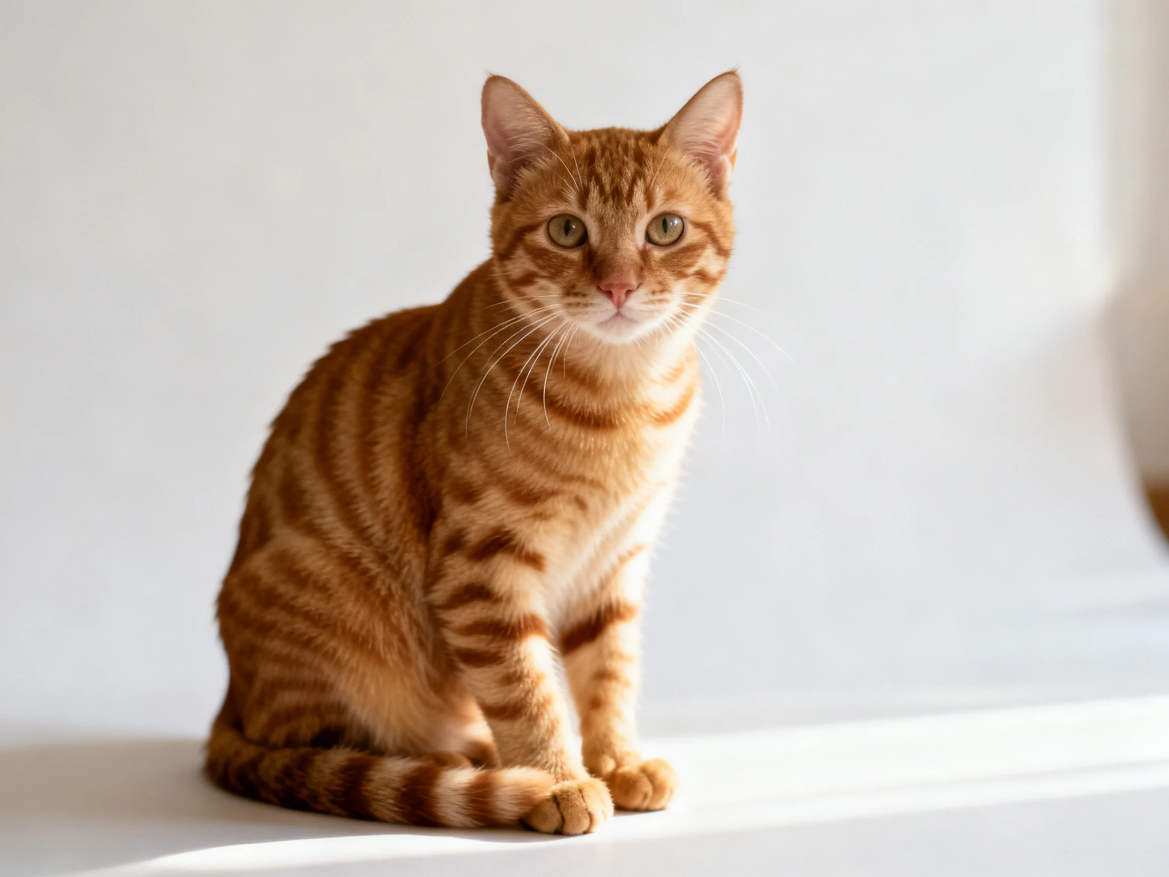 An orange tabby cat sits calmly on a white surface with soft lighting.