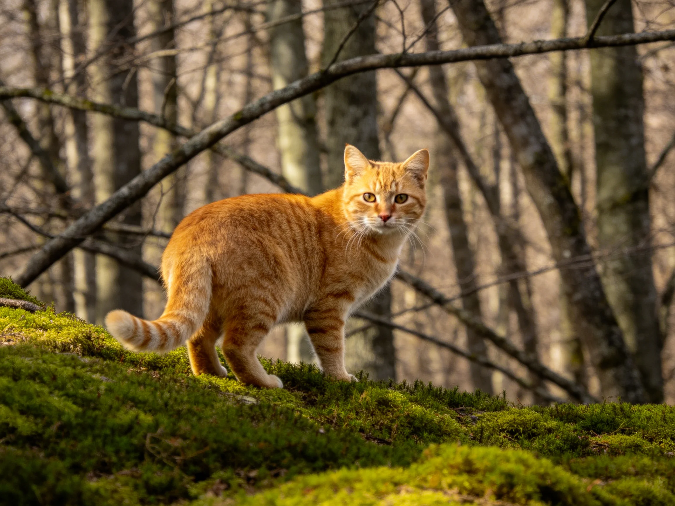 A vibrant orange tabby cat stands on mossy ground surrounded by leafless forest trees.