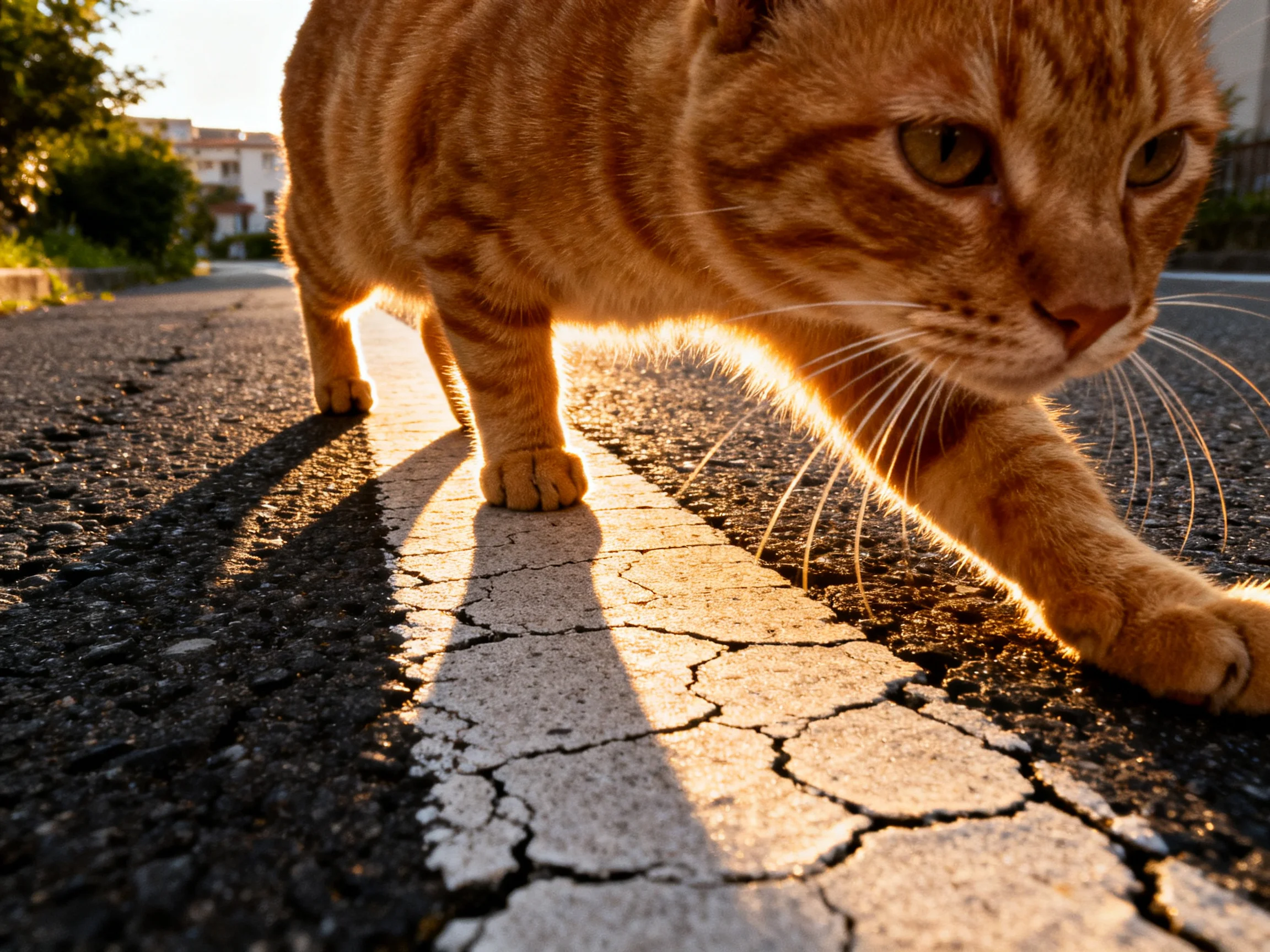 A vibrant orange tabby cat stretches along a sunlit cracked asphalt road