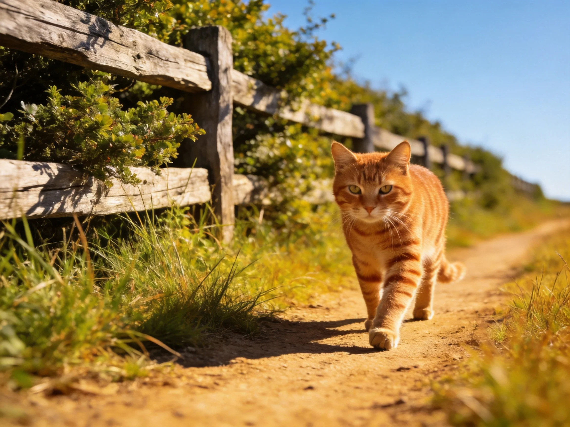 An orange tabby cat walks along a sunlit dirt path beside a weathered wooden fence