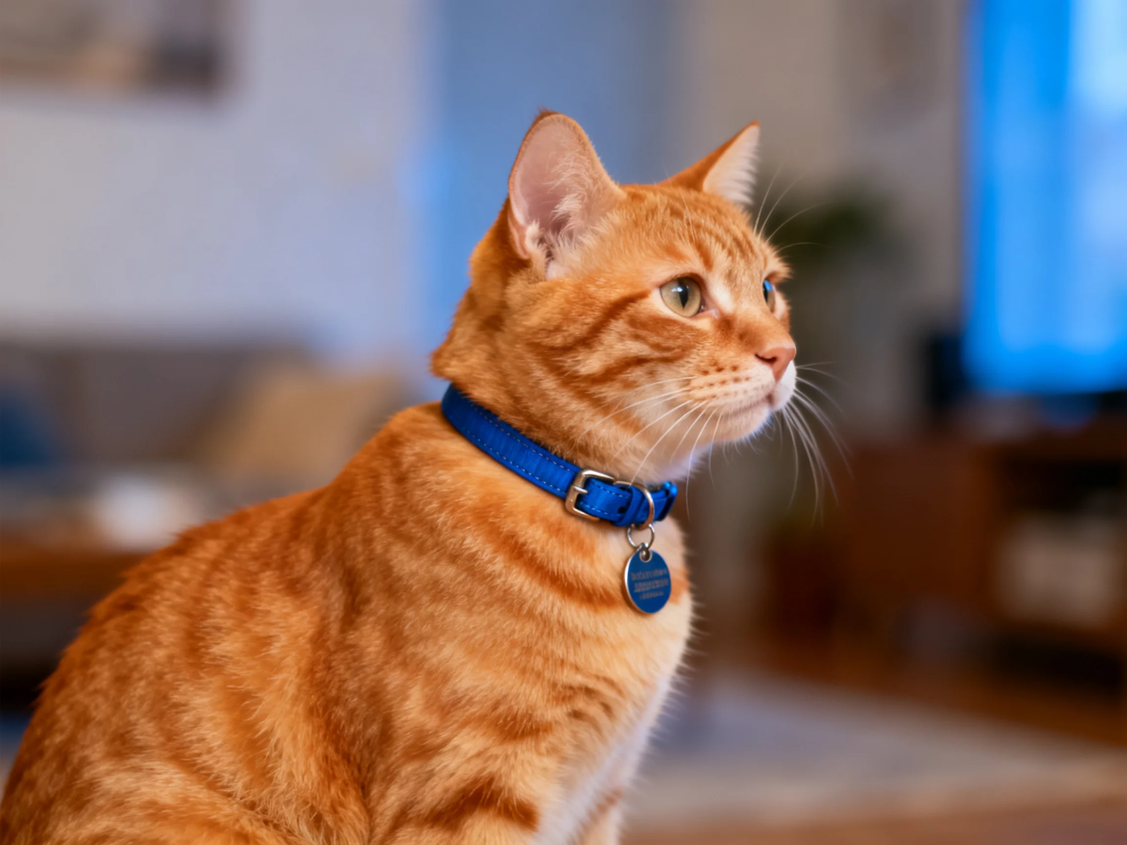 A vibrant orange tabby cat with a blue collar sits in a cozy room.
