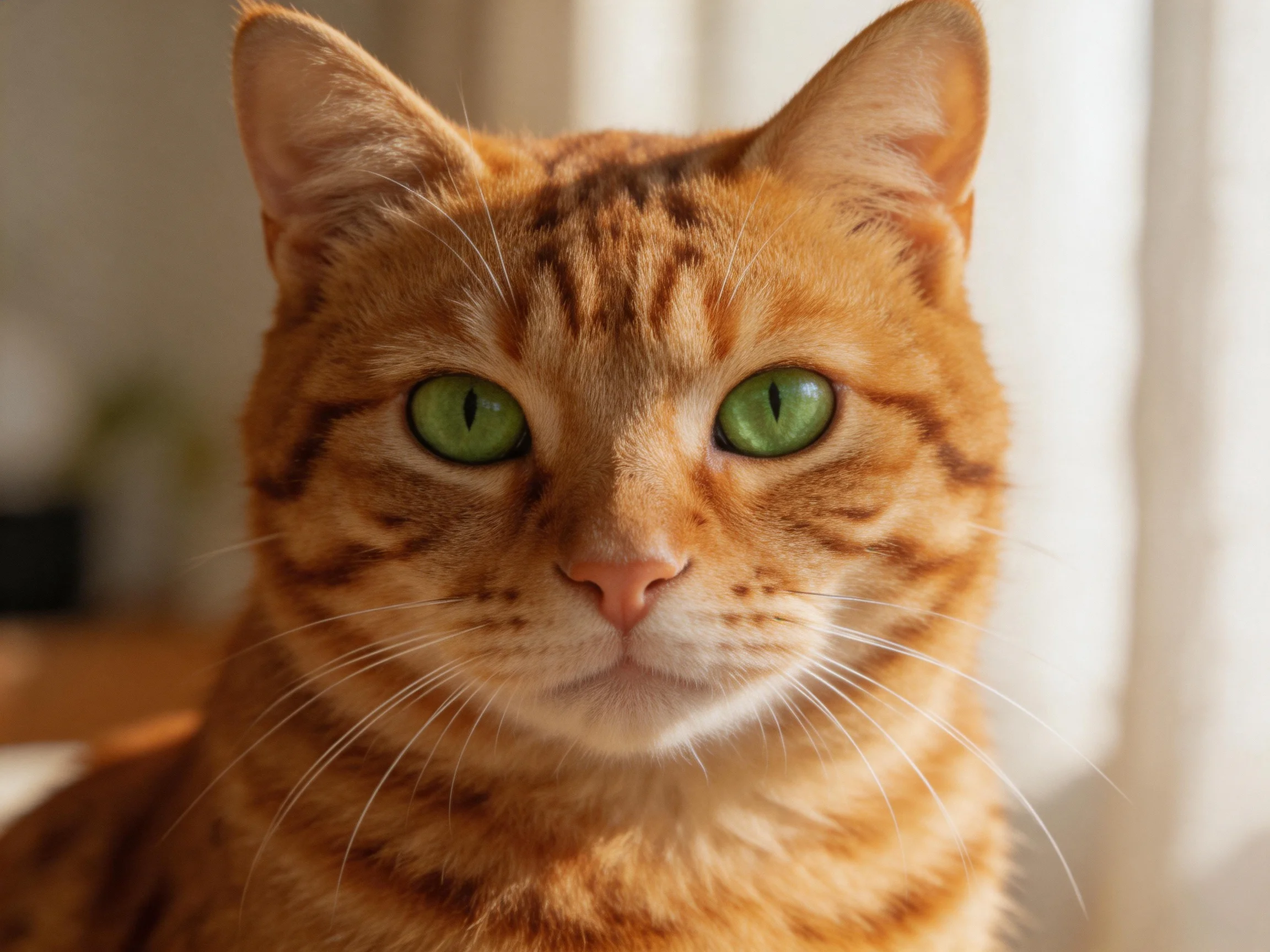 A close-up of an orange tabby cat with green eyes in a sunlit setting