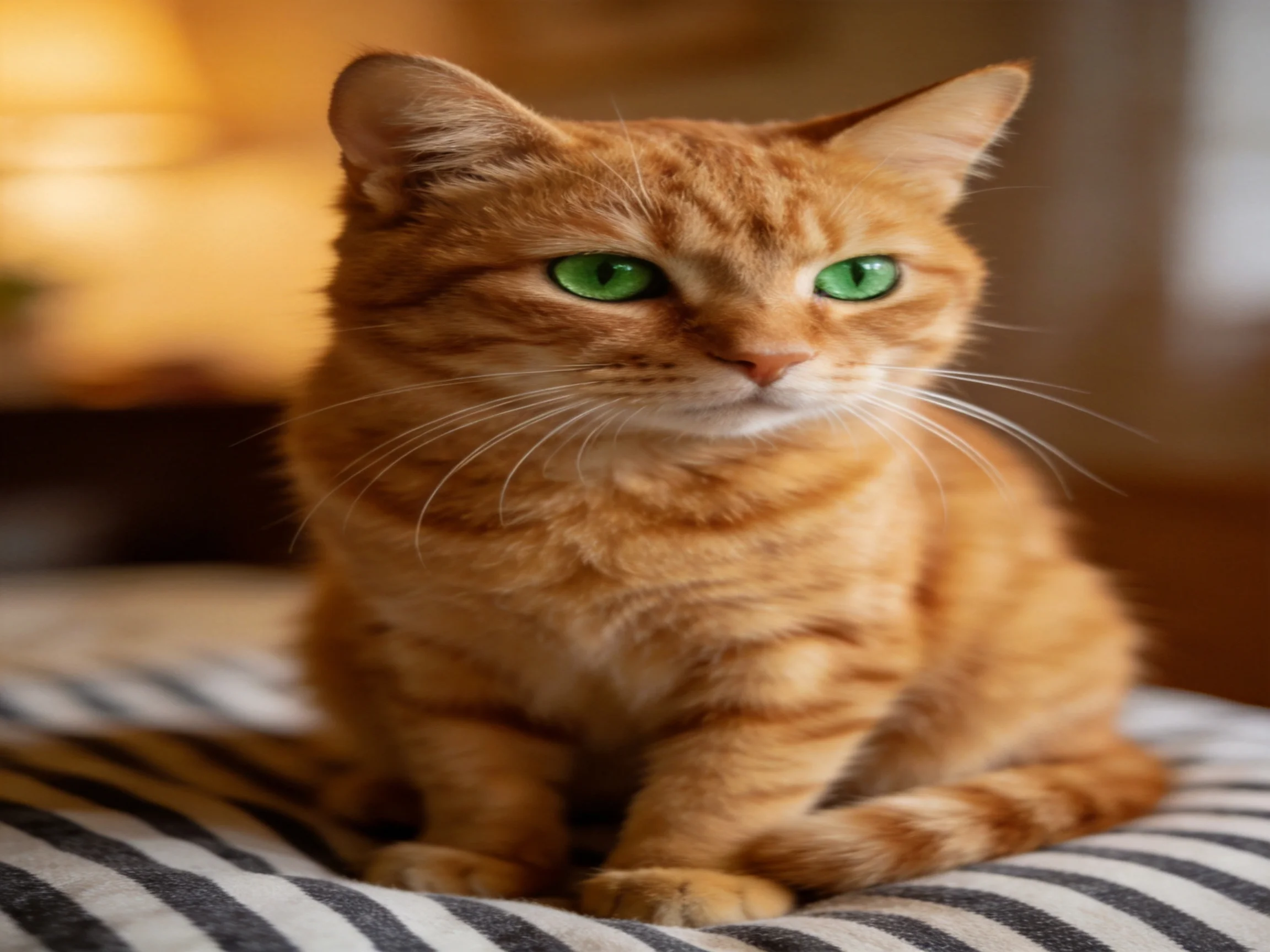 An orange tabby cat with green eyes sits on a striped fabric surface.