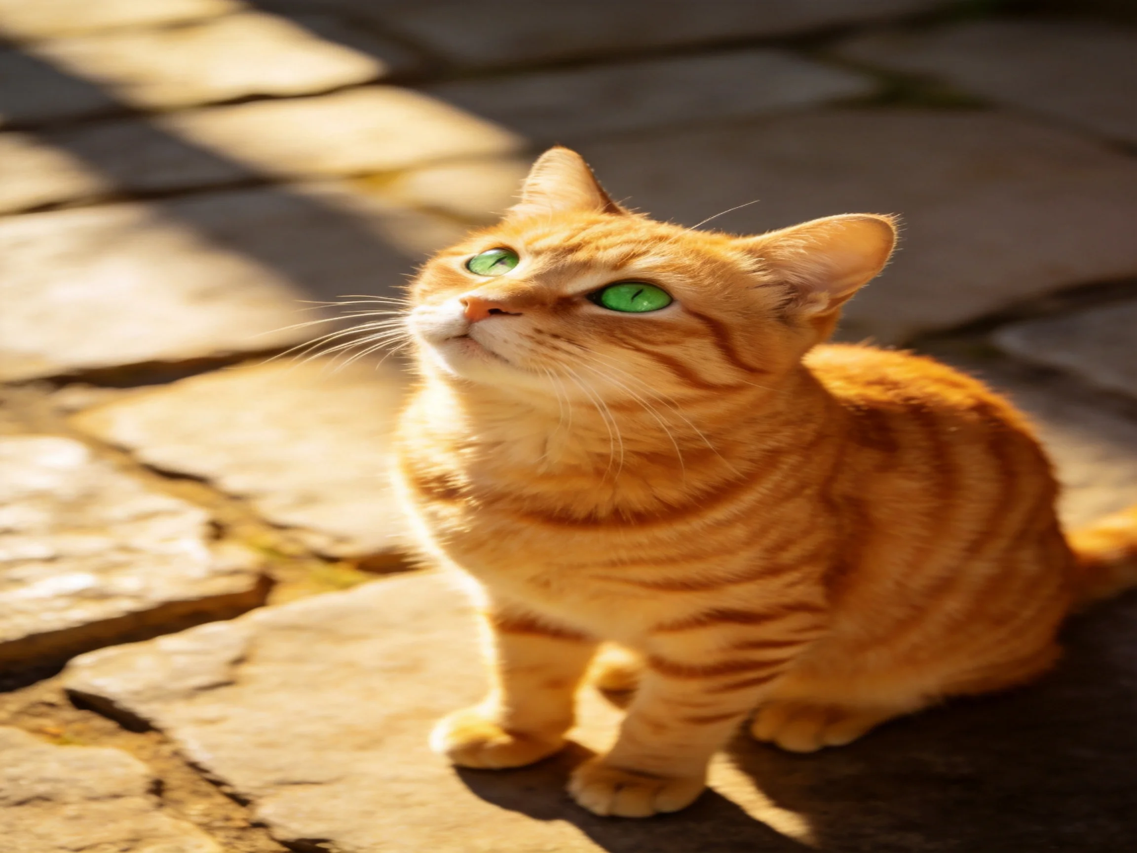 An orange tabby cat with green eyes looks upward on sunlit stone pavement.