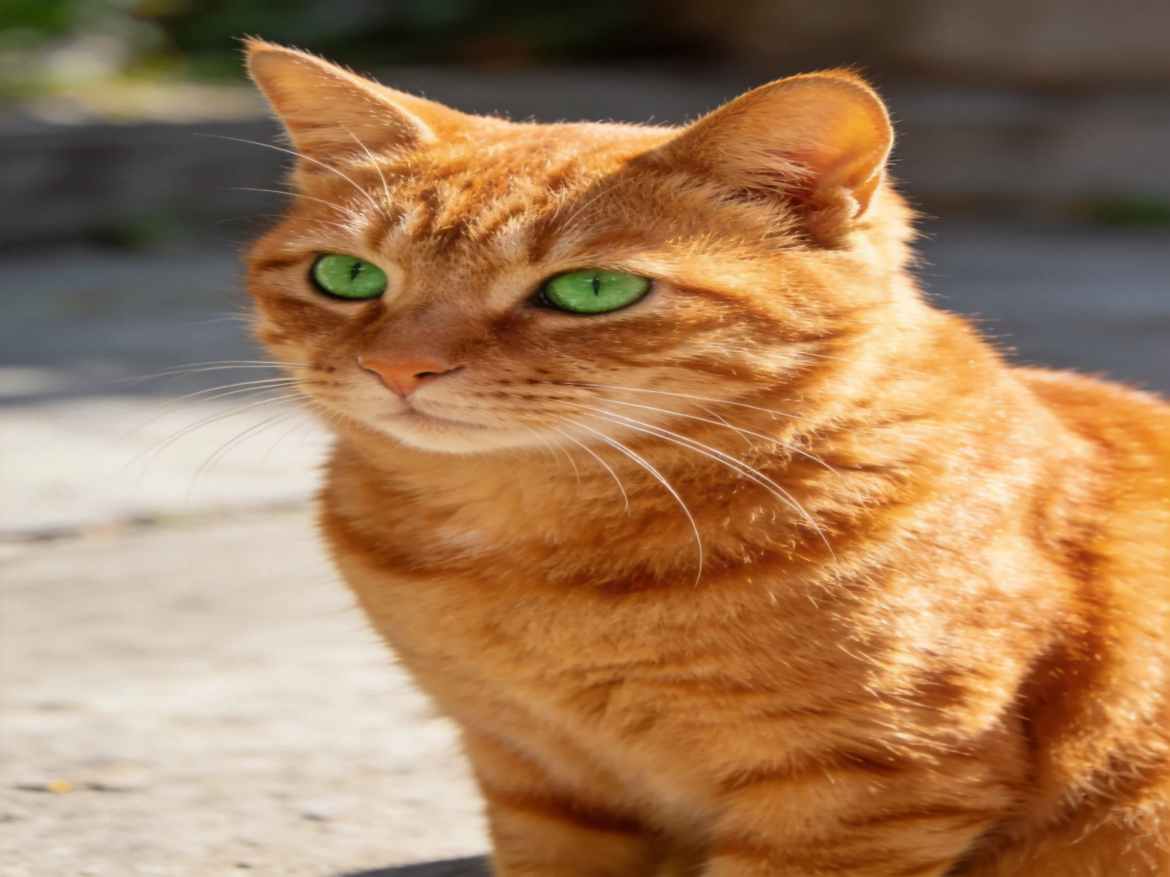 An orange tabby cat with green eyes sits outside in sunlight.