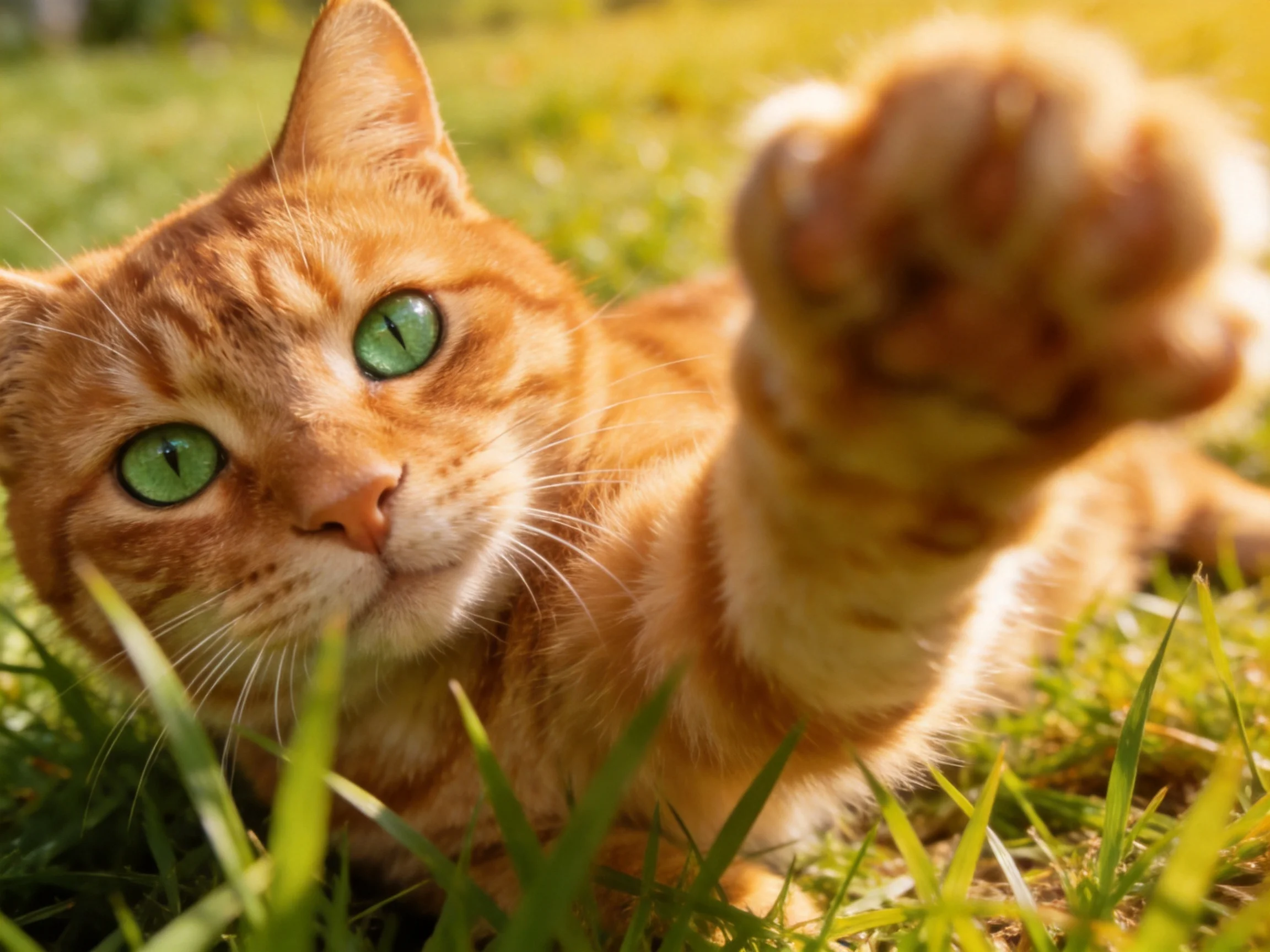 An orange tabby cat with green eyes reaches toward the camera on grass.