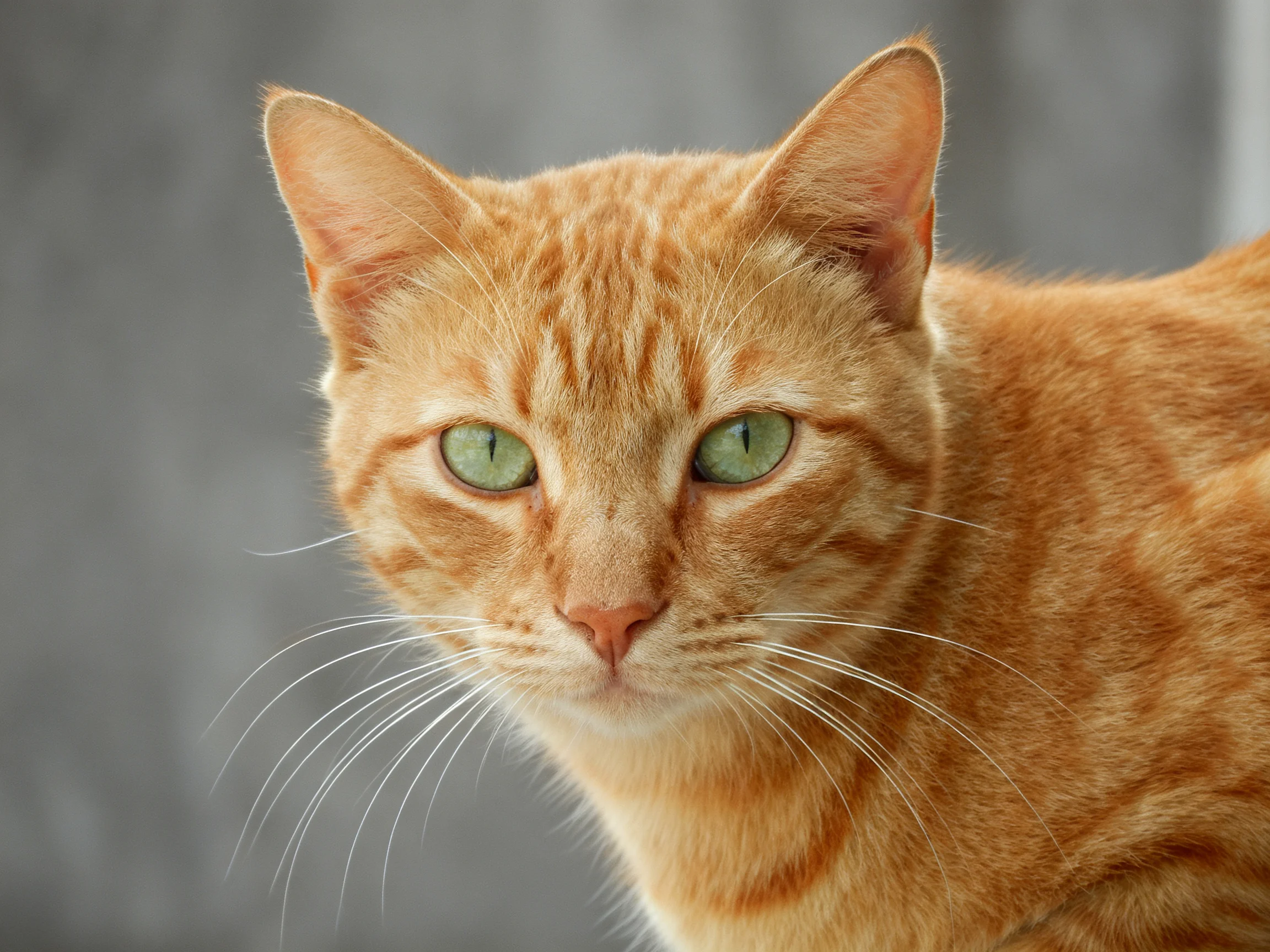 A vibrant orange tabby cat with green eyes looks directly at the viewer against a gray backdrop.