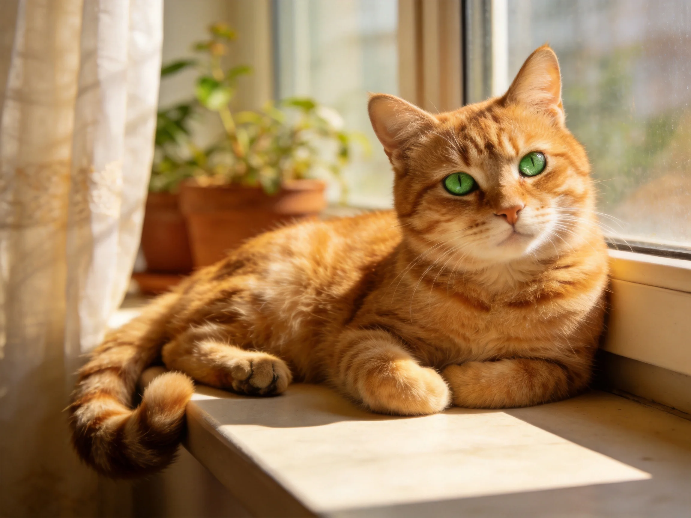 A vibrant orange tabby cat relaxes on a sunlit windowsill near potted plants.