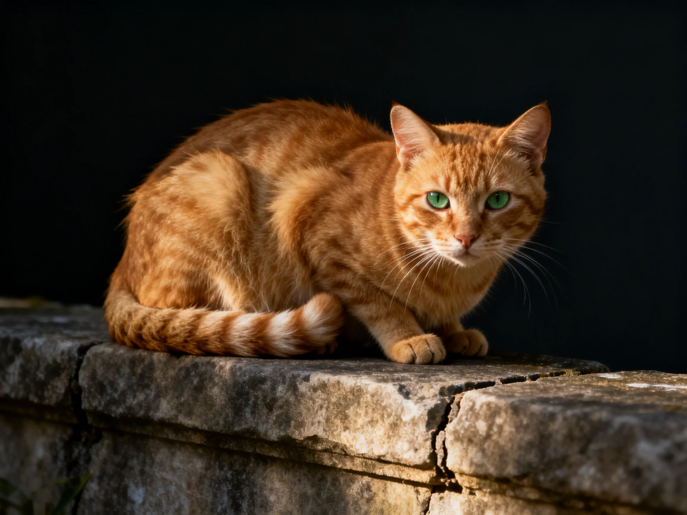 A vibrant orange tabby cat with green eyes rests on a weathered stone ledge.