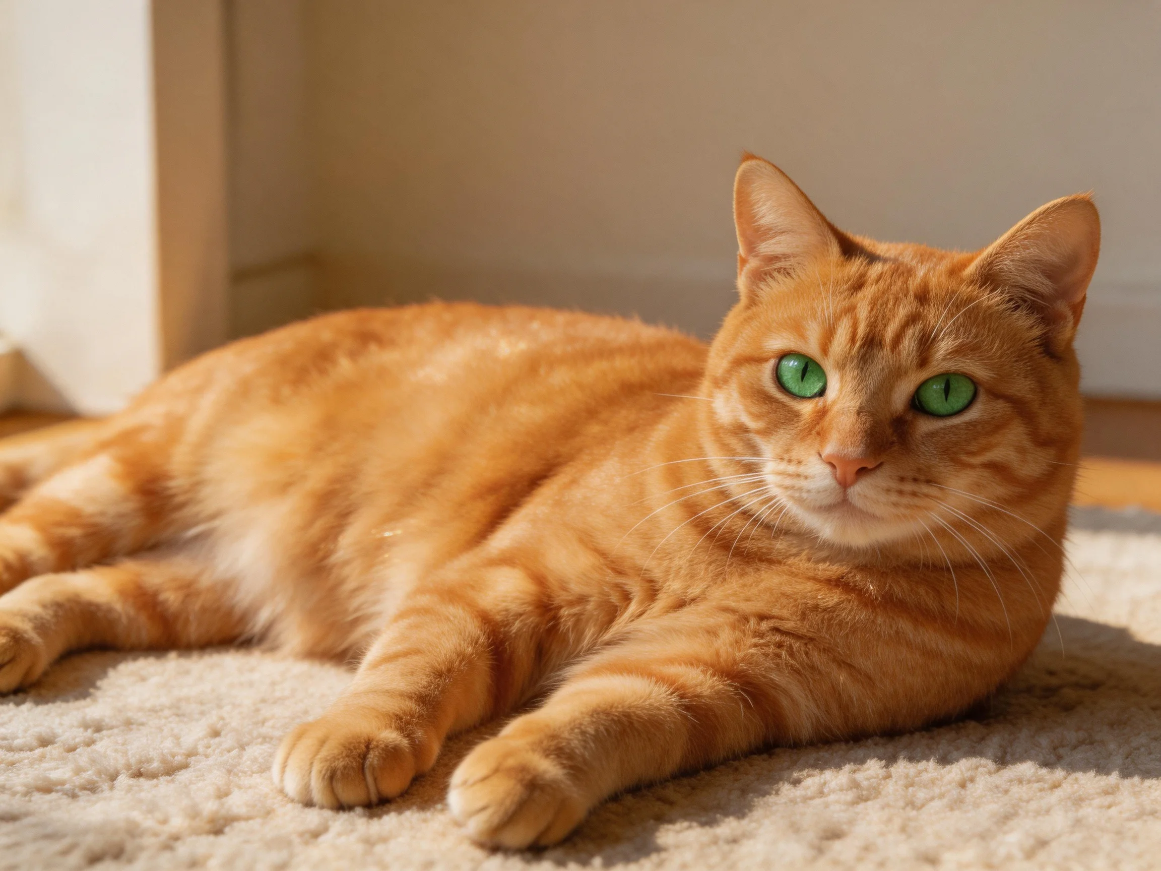 An orange tabby cat with green eyes lies on a carpet
