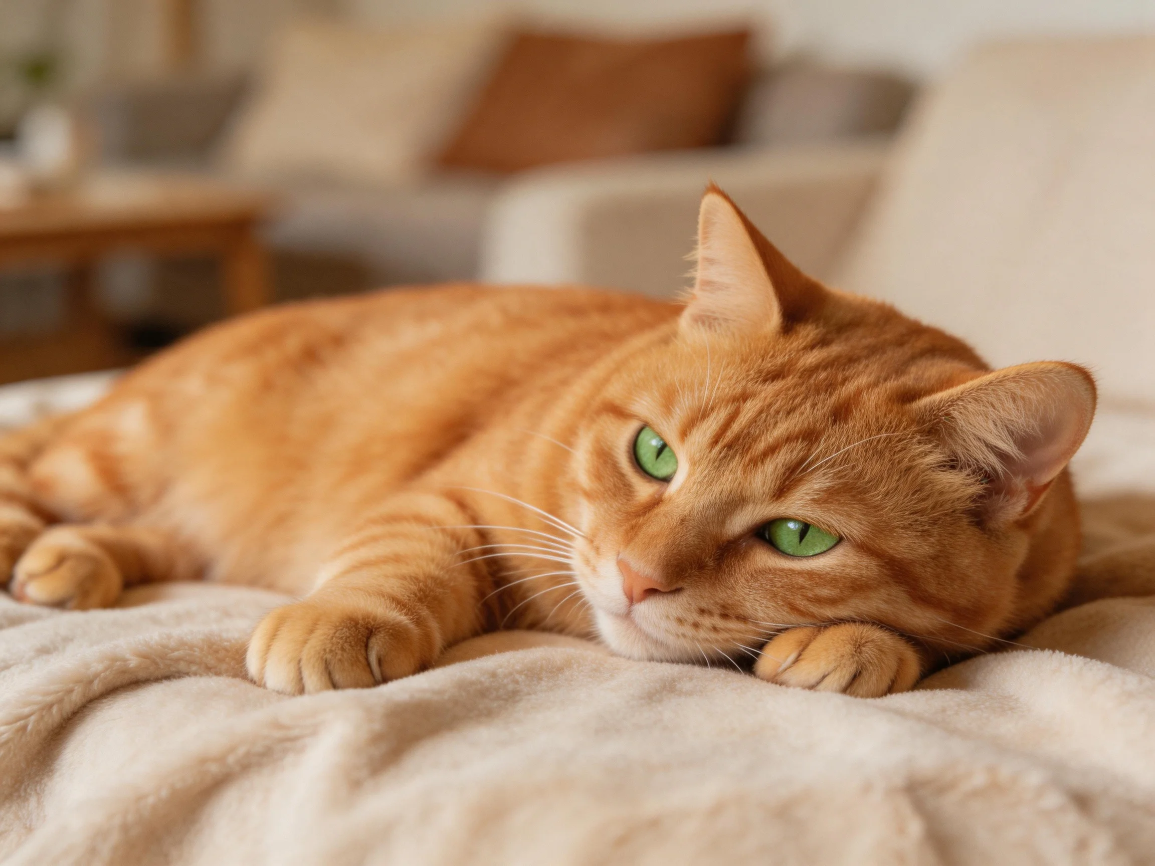 An orange tabby cat with green eyes rests on a soft blanket in a cozy room.