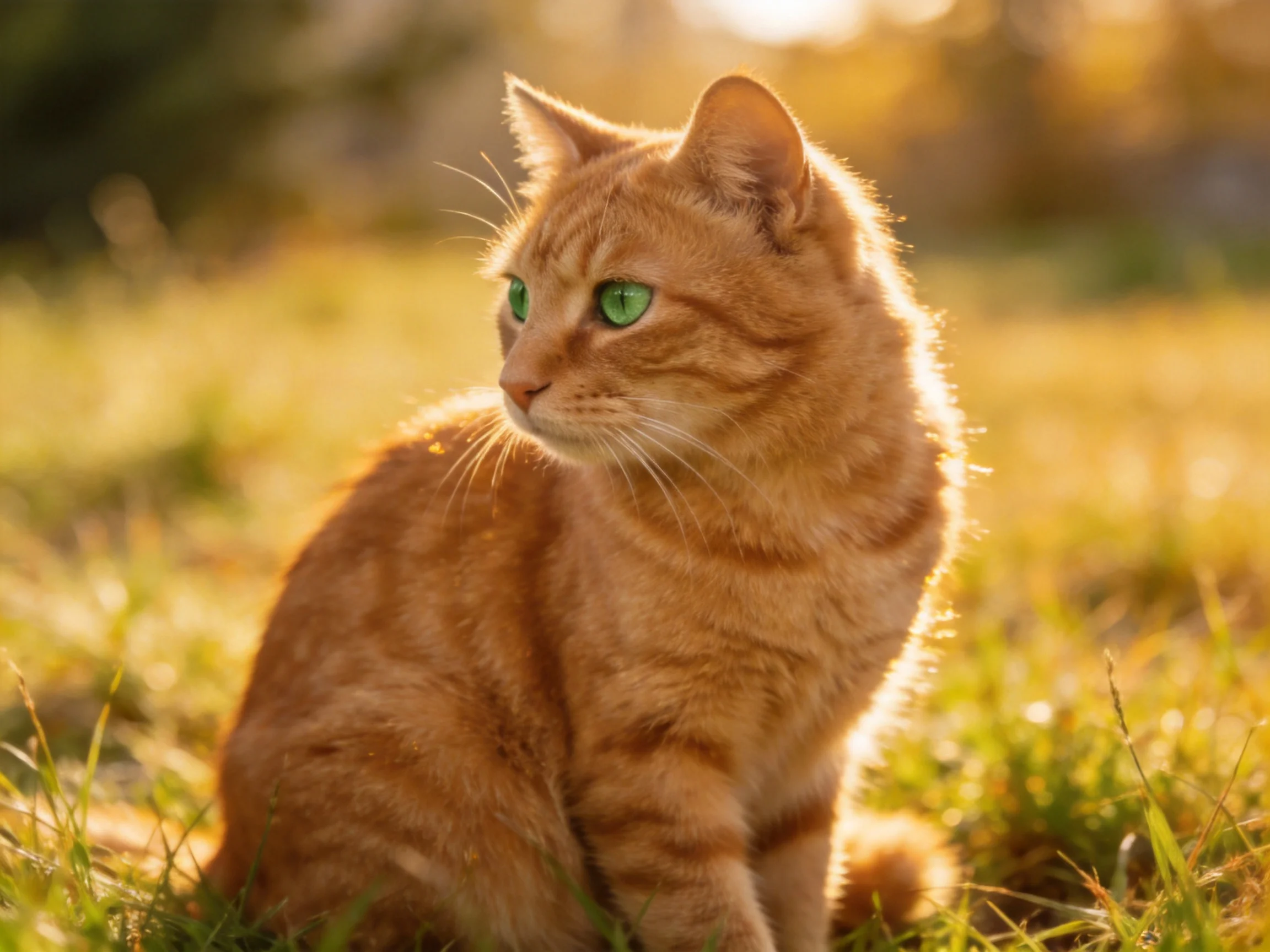 An orange tabby cat with green eyes sits in a sunlit grassy area.