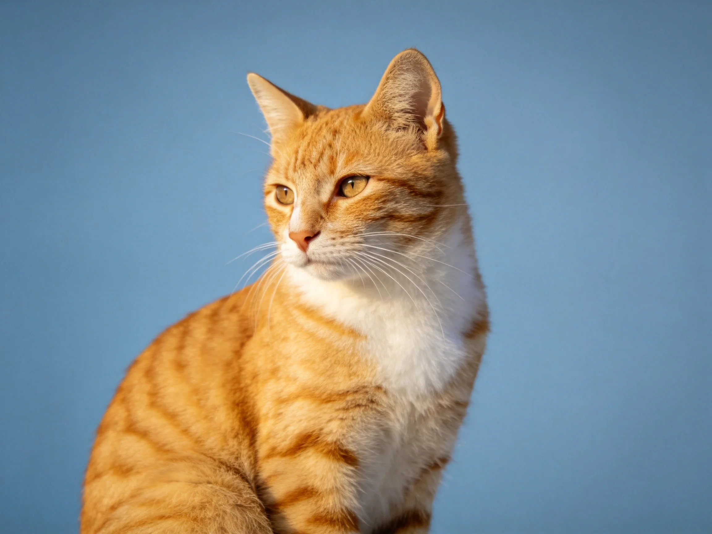 An orange tabby cat with a white chest sits against a solid blue backdrop.