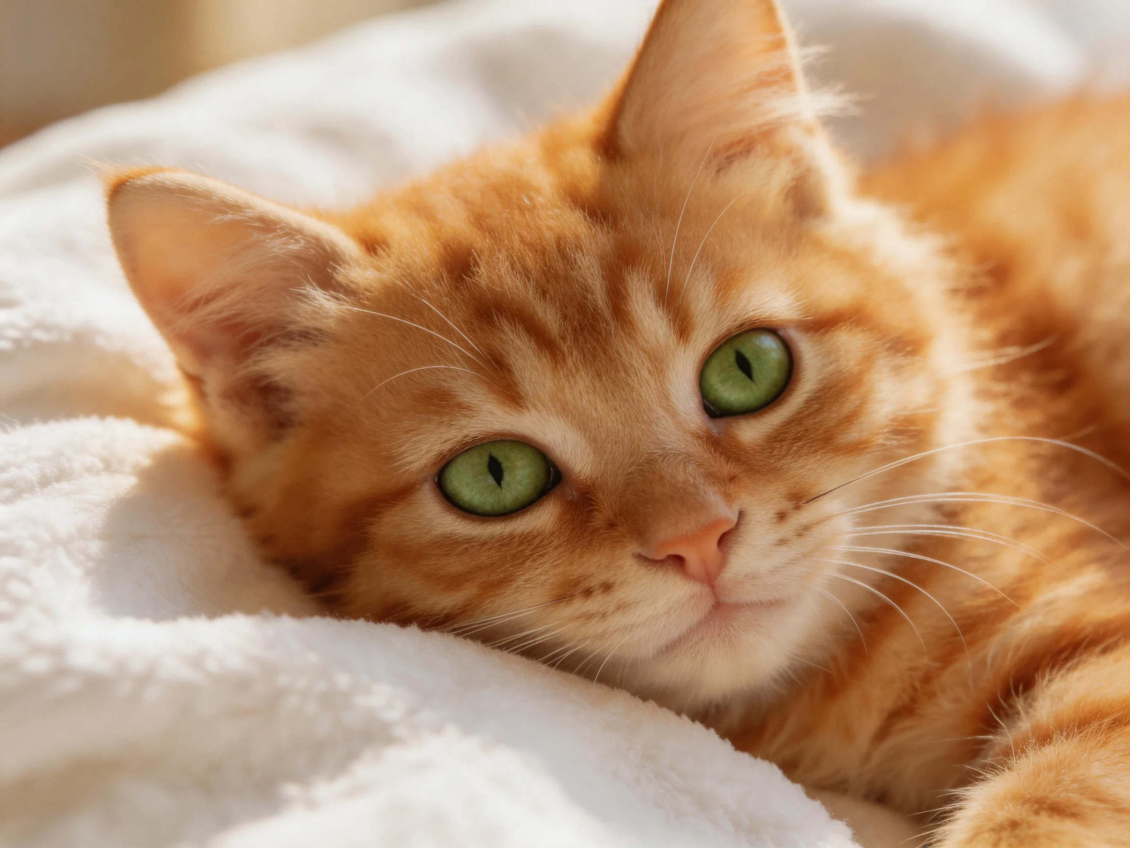 An orange tabby kitten with green eyes relaxes on a white fabric surface.