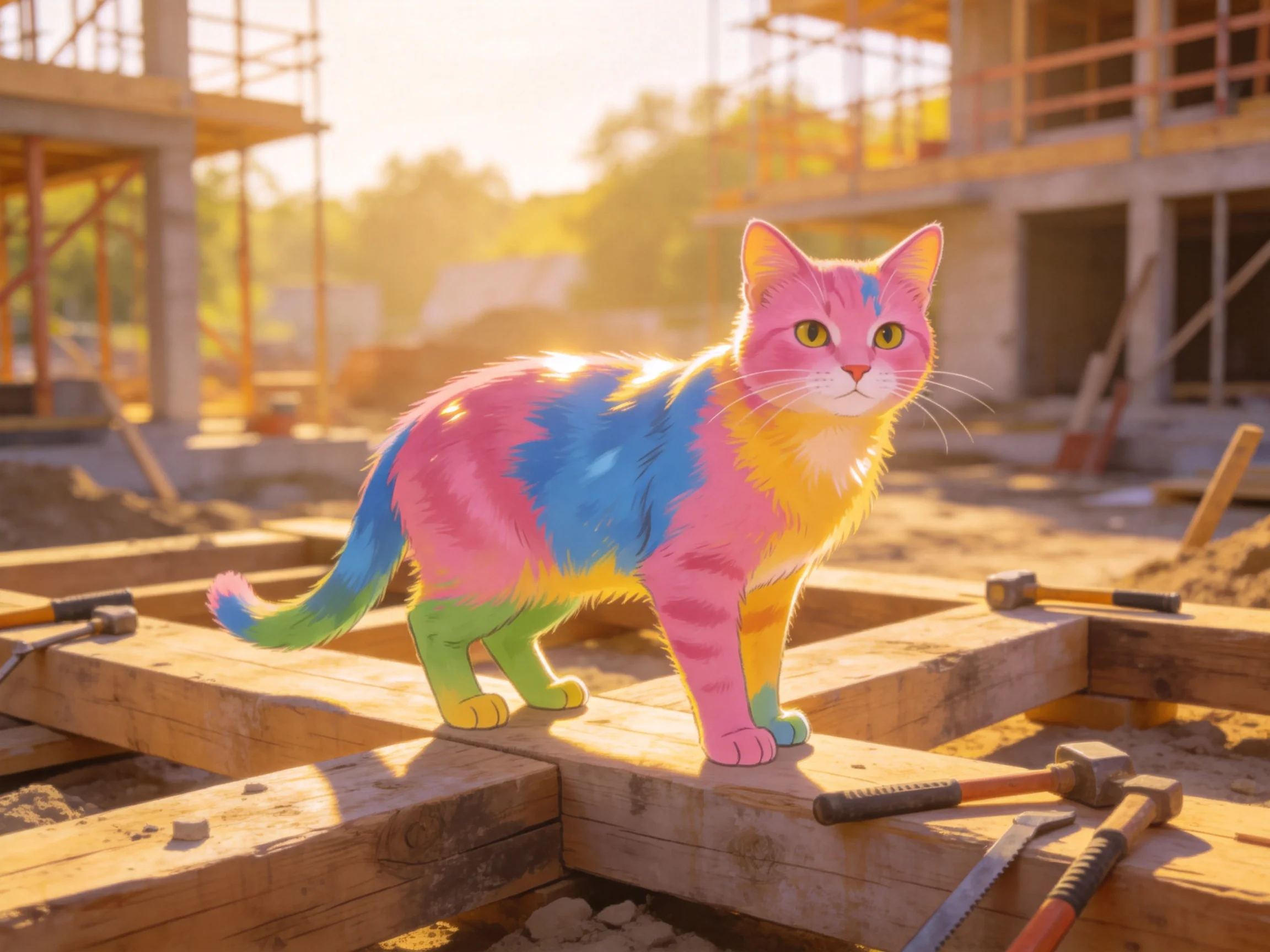 A rainbow-colored cat stands on wooden beams at a construction site.