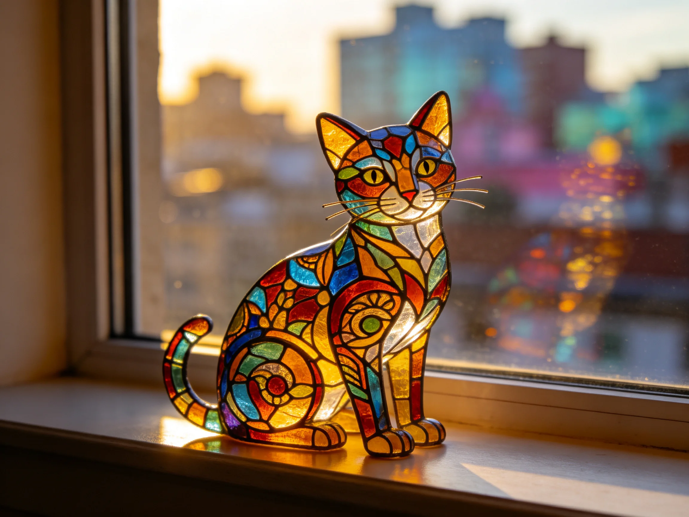 A vibrantly colored stained glass cat figurine sits on a sunlit windowsill.