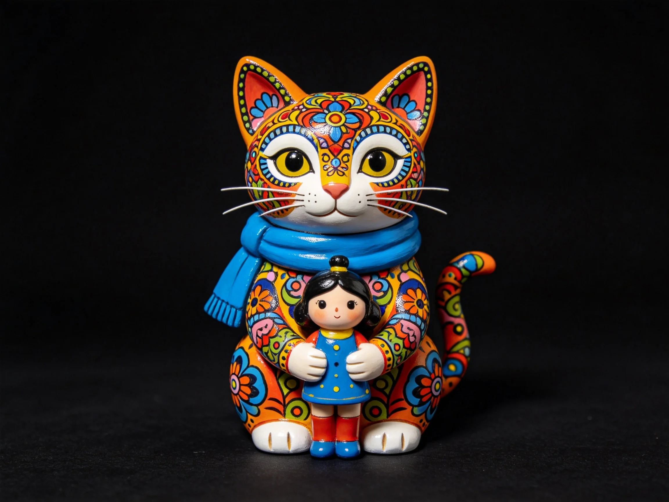 A vibrantly patterned cat figurine holds a small doll with blue scarf