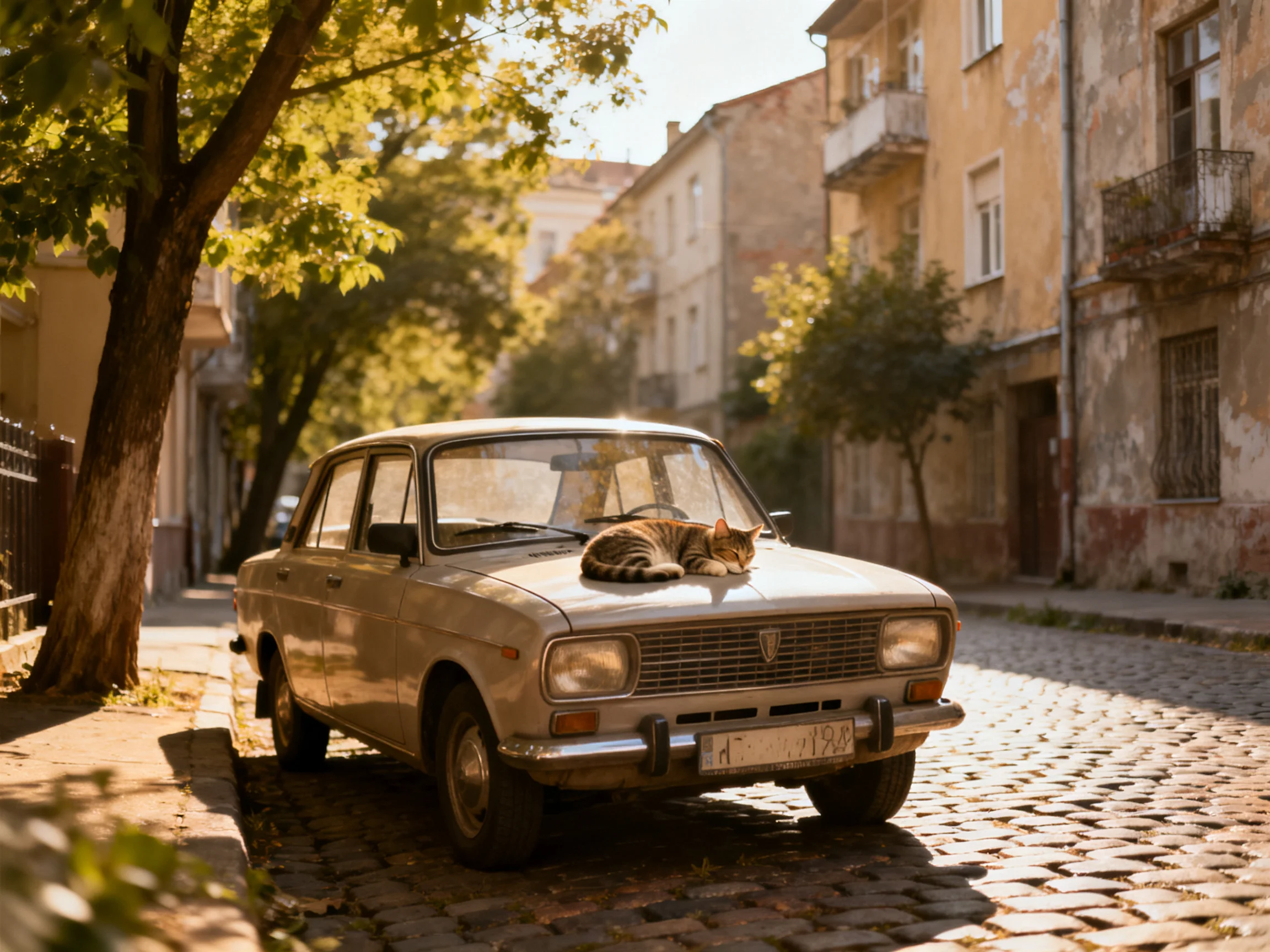 A vintage beige car has a tabby cat on its hood beside aged buildings