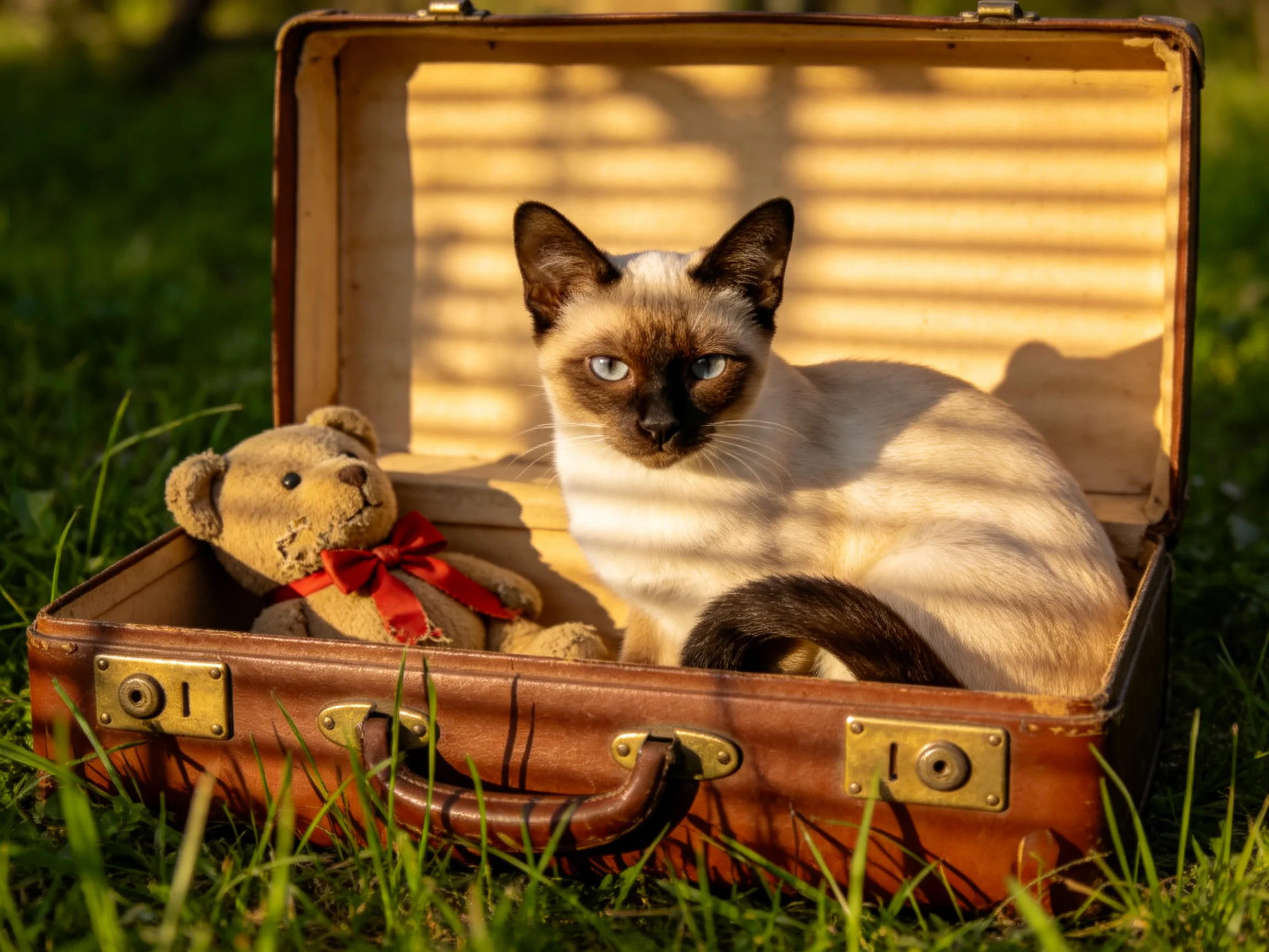 A vintage brown suitcase holds a Siamese cat and teddy bear