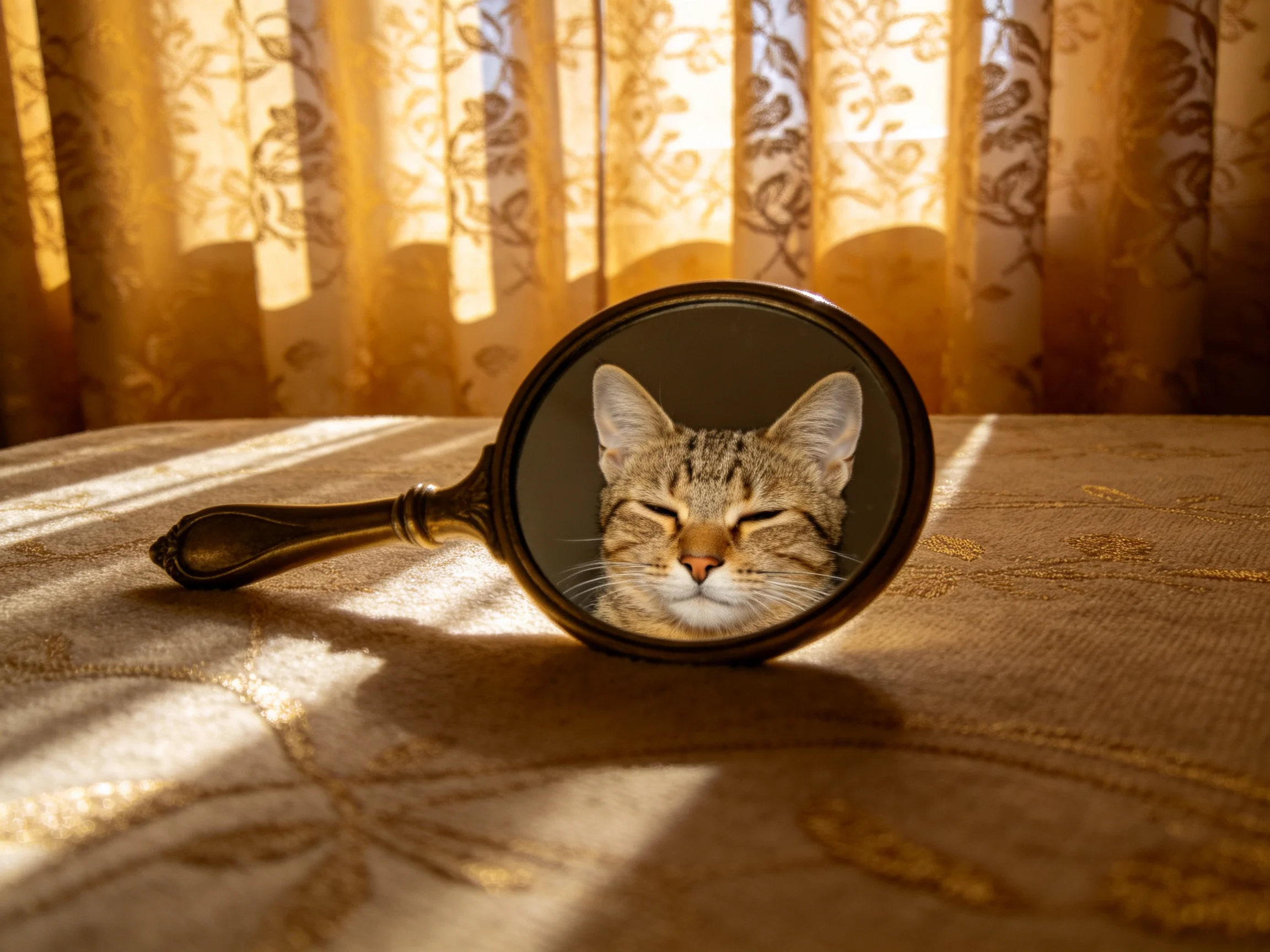 A vintage hand mirror reflects a relaxed tabby cat near golden patterned curtains