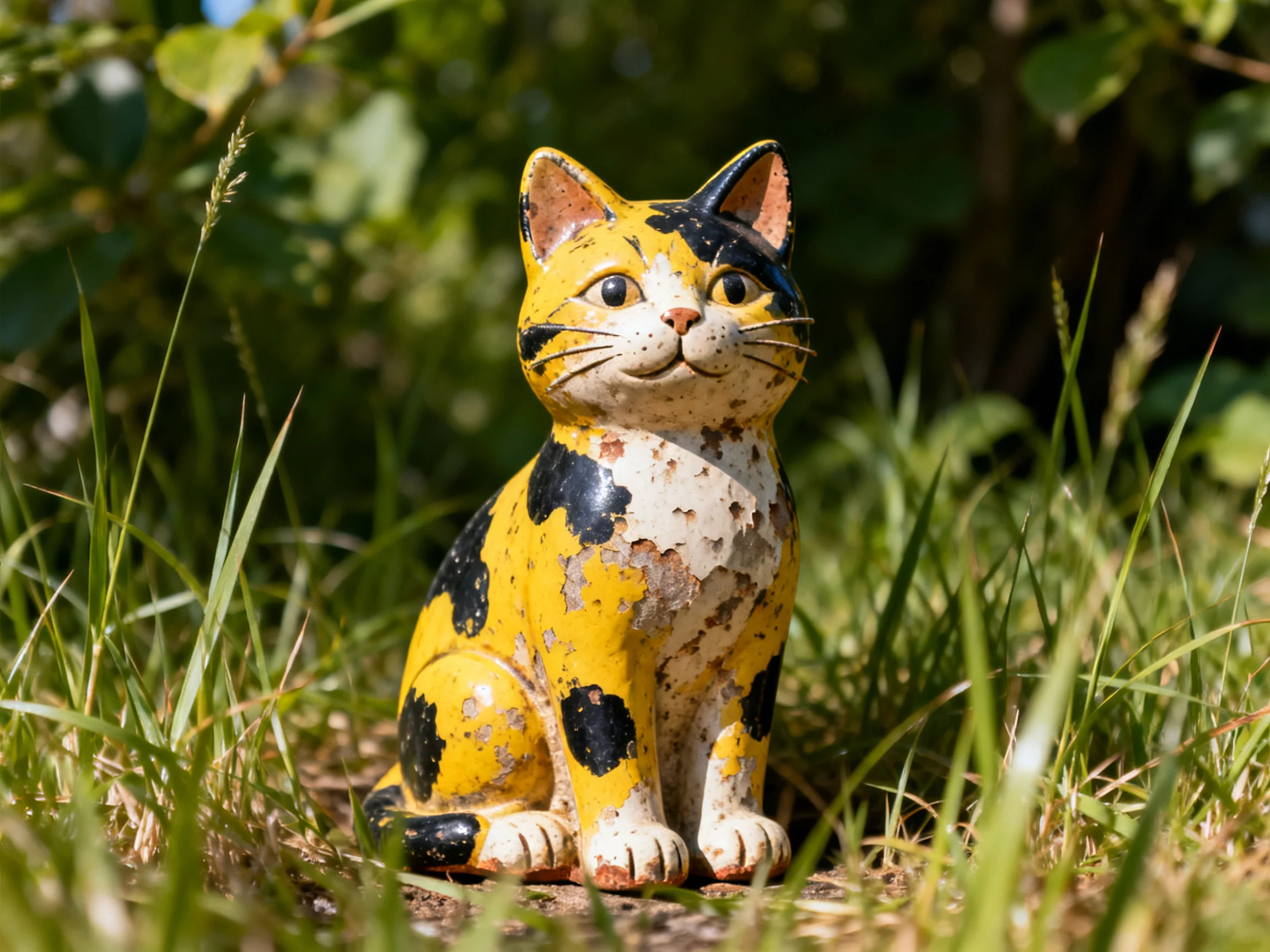 A weathered yellow and black cat figurine sits amid tall green grass in bright daylight.