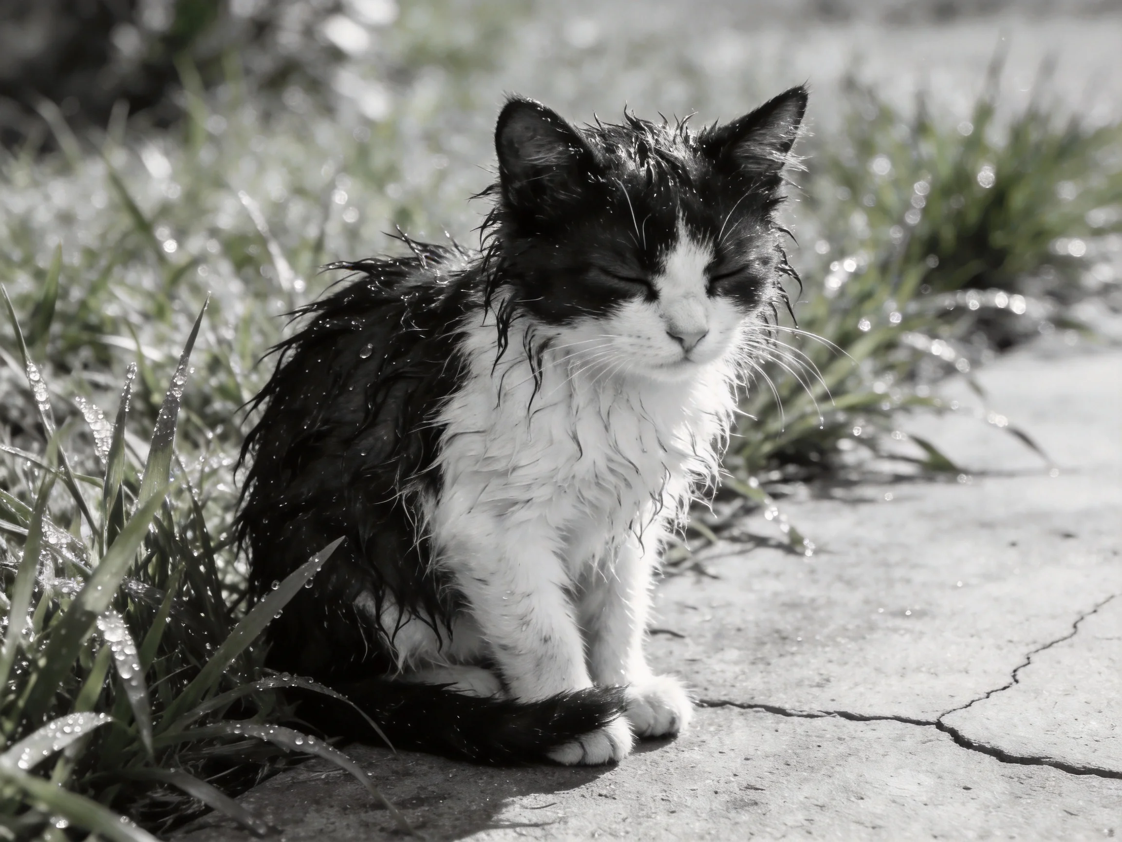 A wet black - and - white cat near grassy pavement