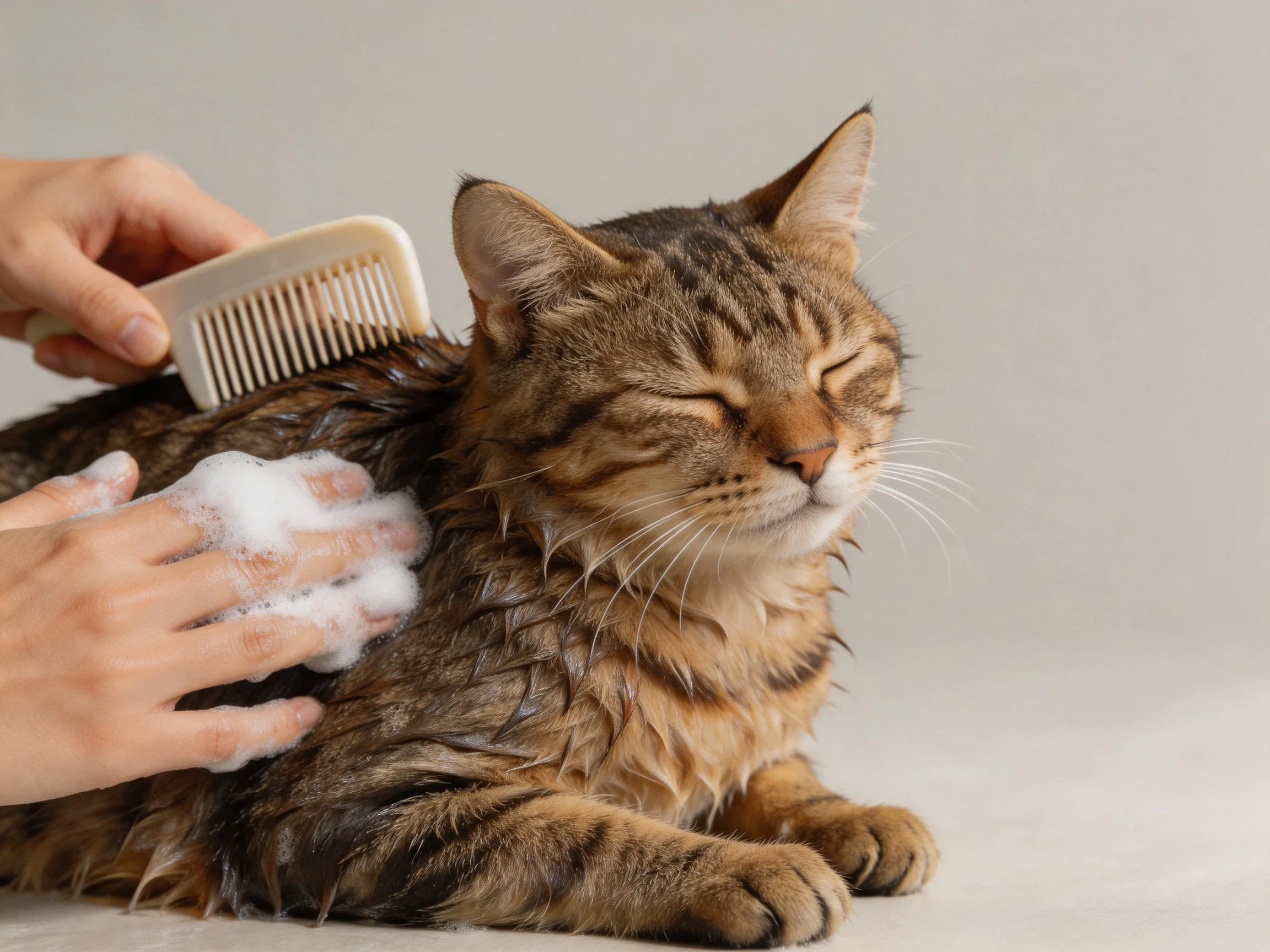 A wet tabby cat gets groomed with soap and a comb