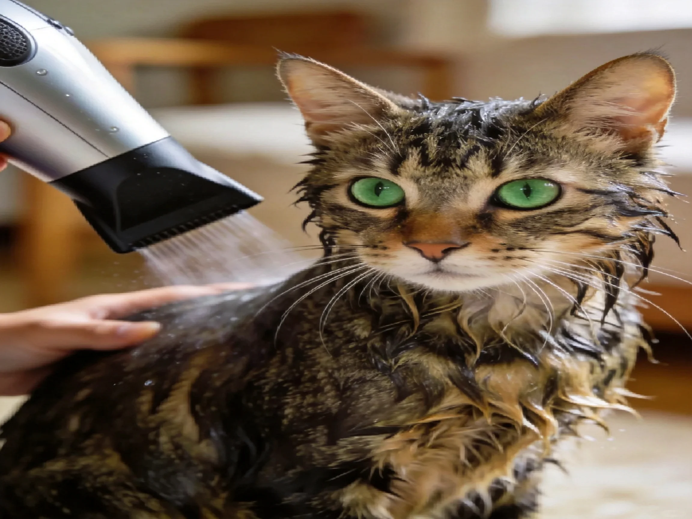 A wet tabby cat with green eyes is dried by a hairdryer.