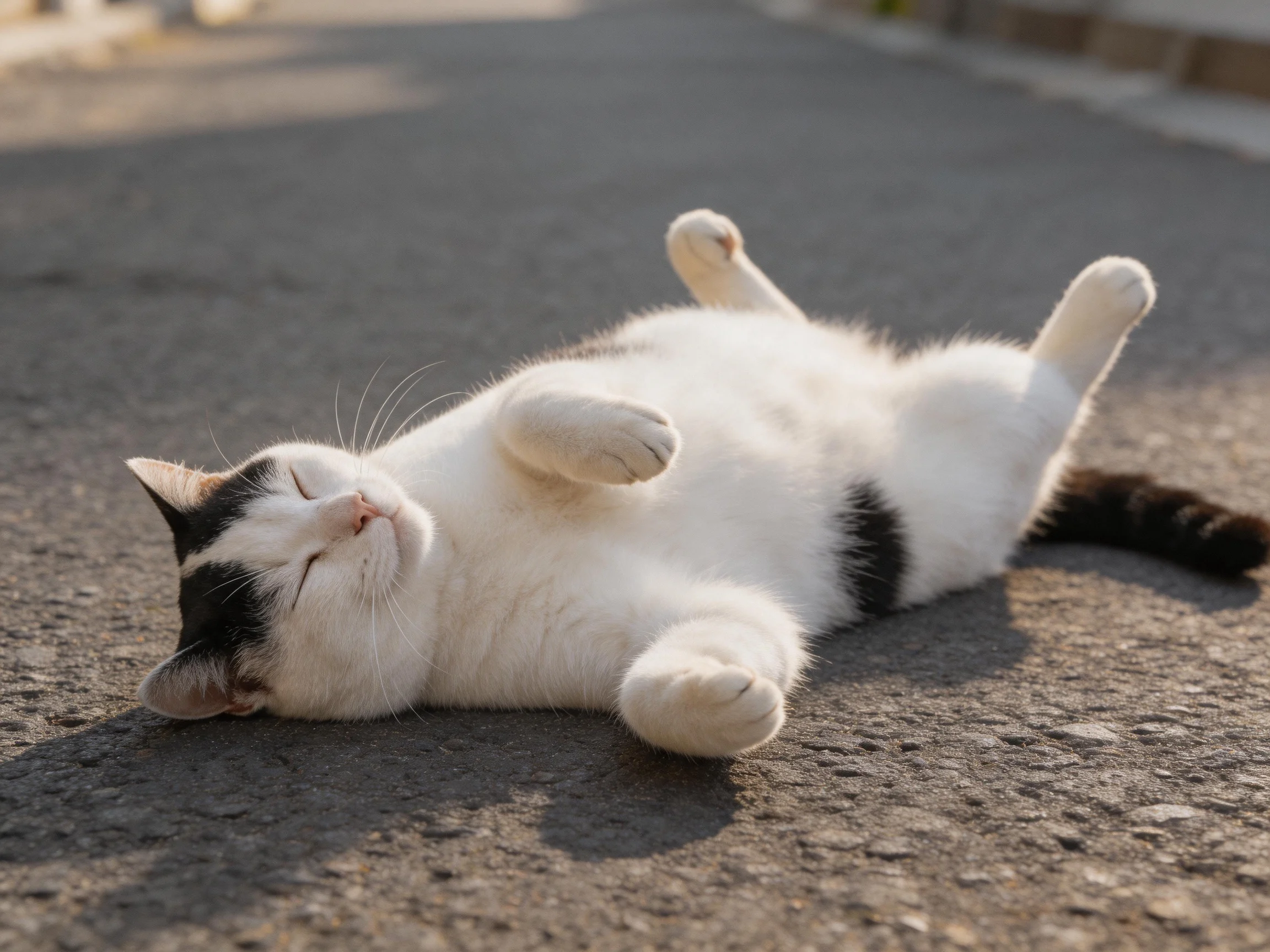 A white and black cat rests peacefully on a sunlit pavement.