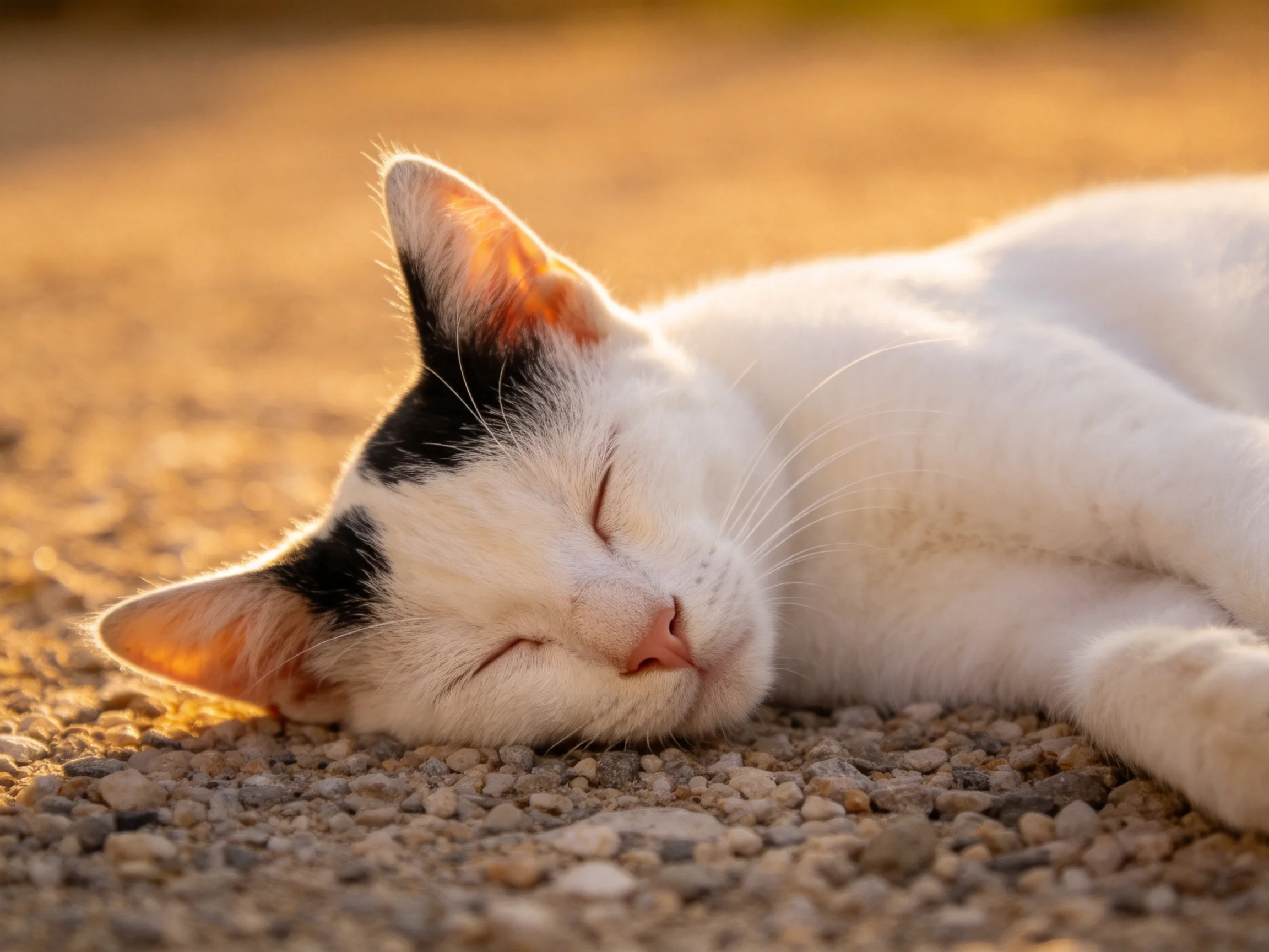 A white and black cat naps on a gravel path in golden light