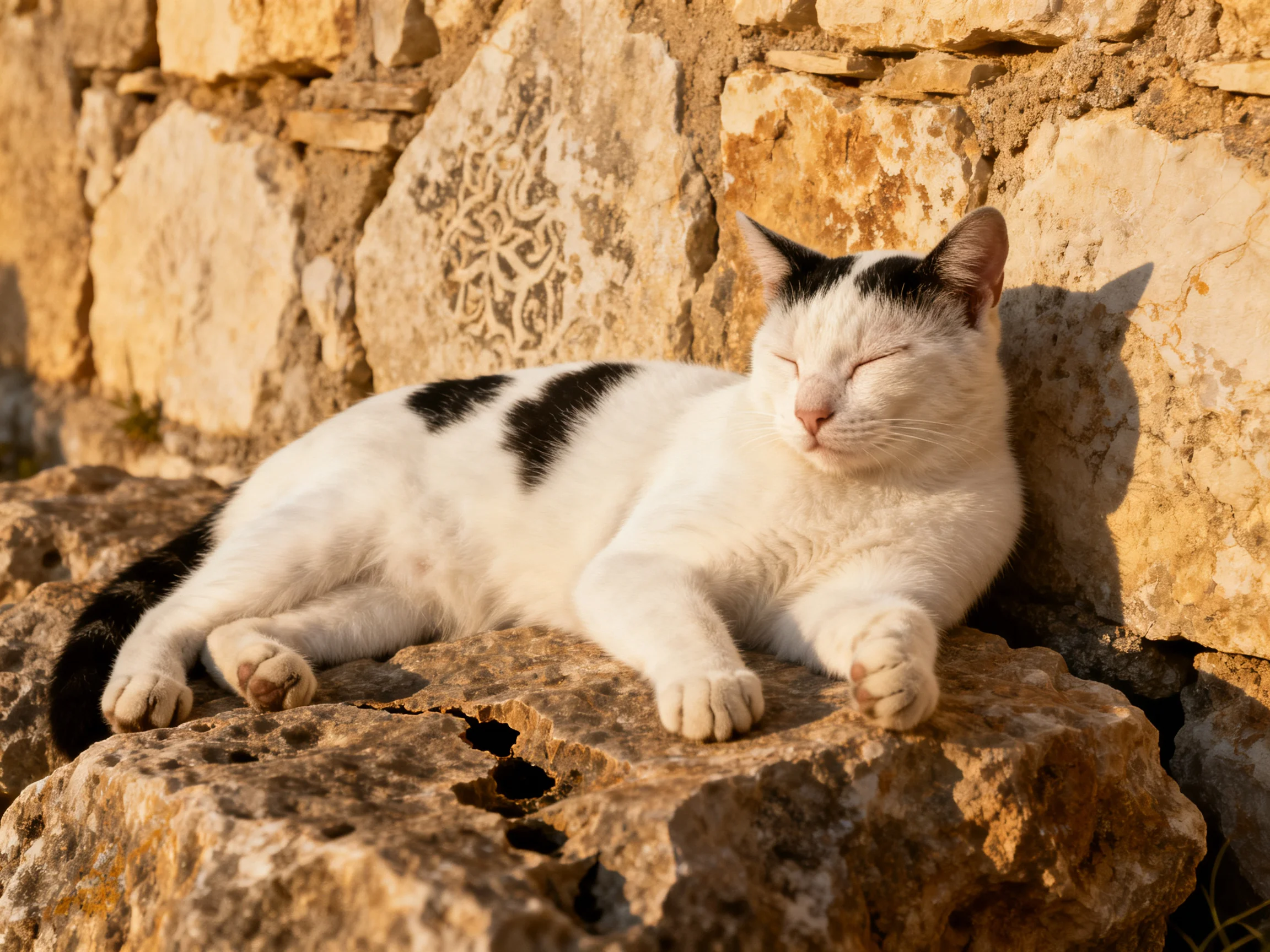 A white and black cat rests on weathered stones near an ancient stone wall