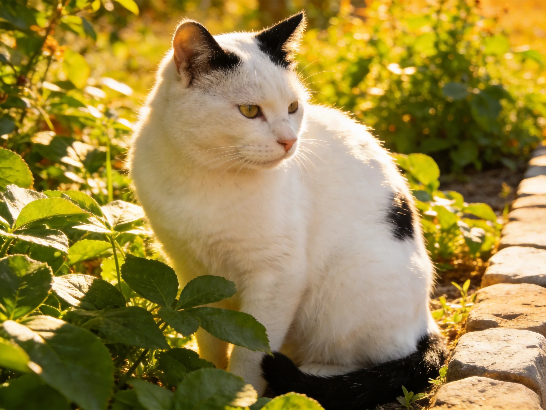 A white and black cat sits amid greenery beside a stone edge