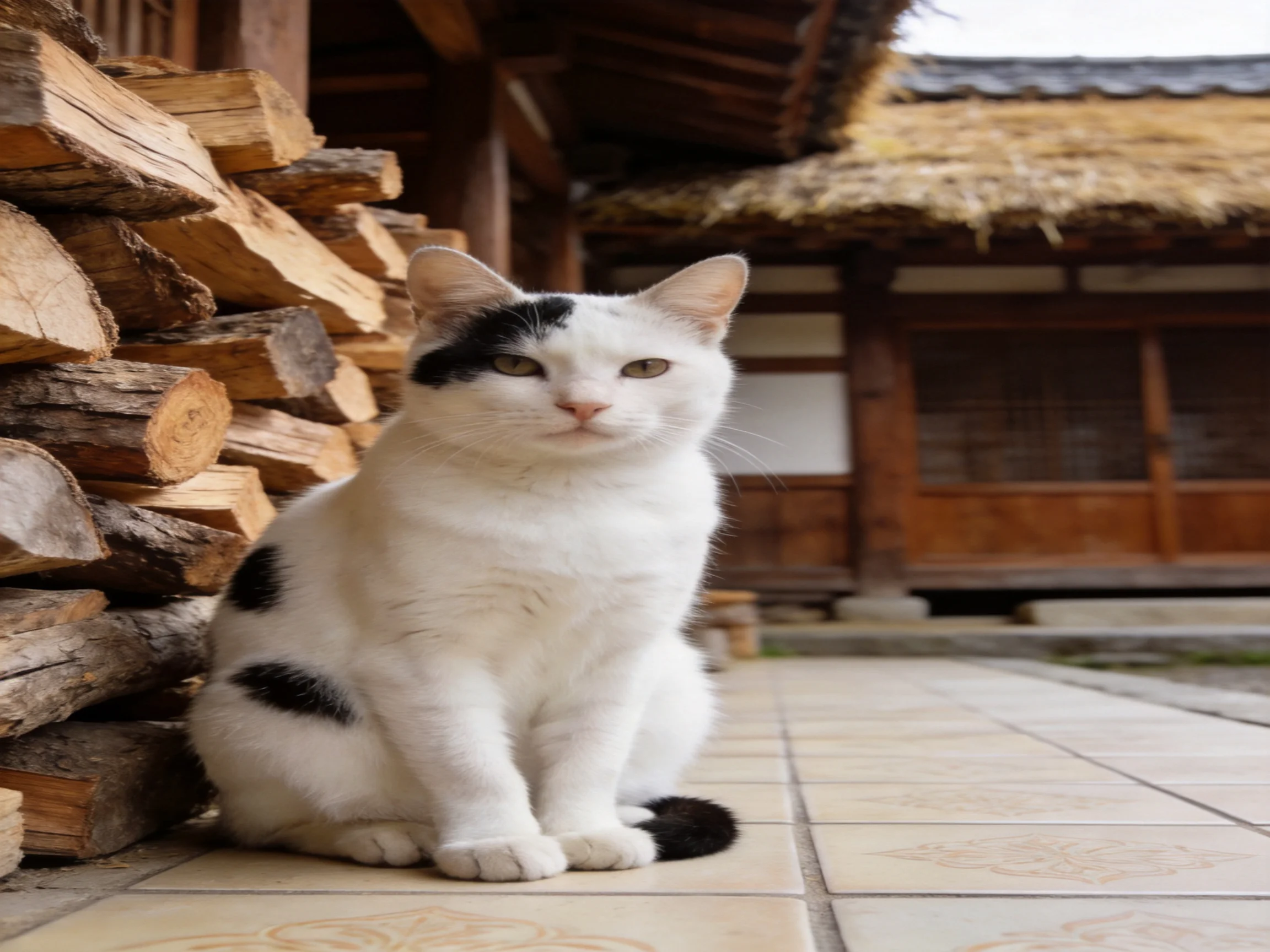 A white and black cat rests next to stacked logs outside an old wooden building.