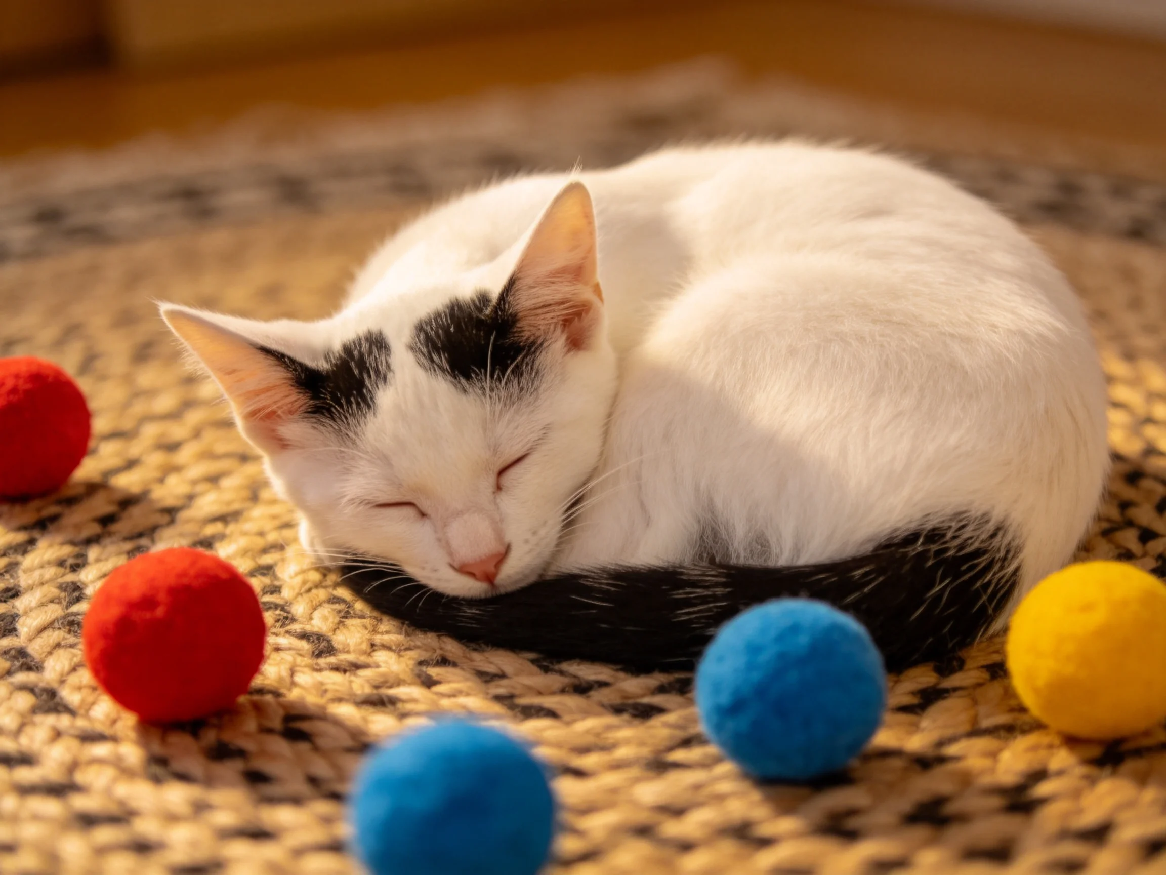 A white and black cat sleeps among colorful pom - pom toys on a rug