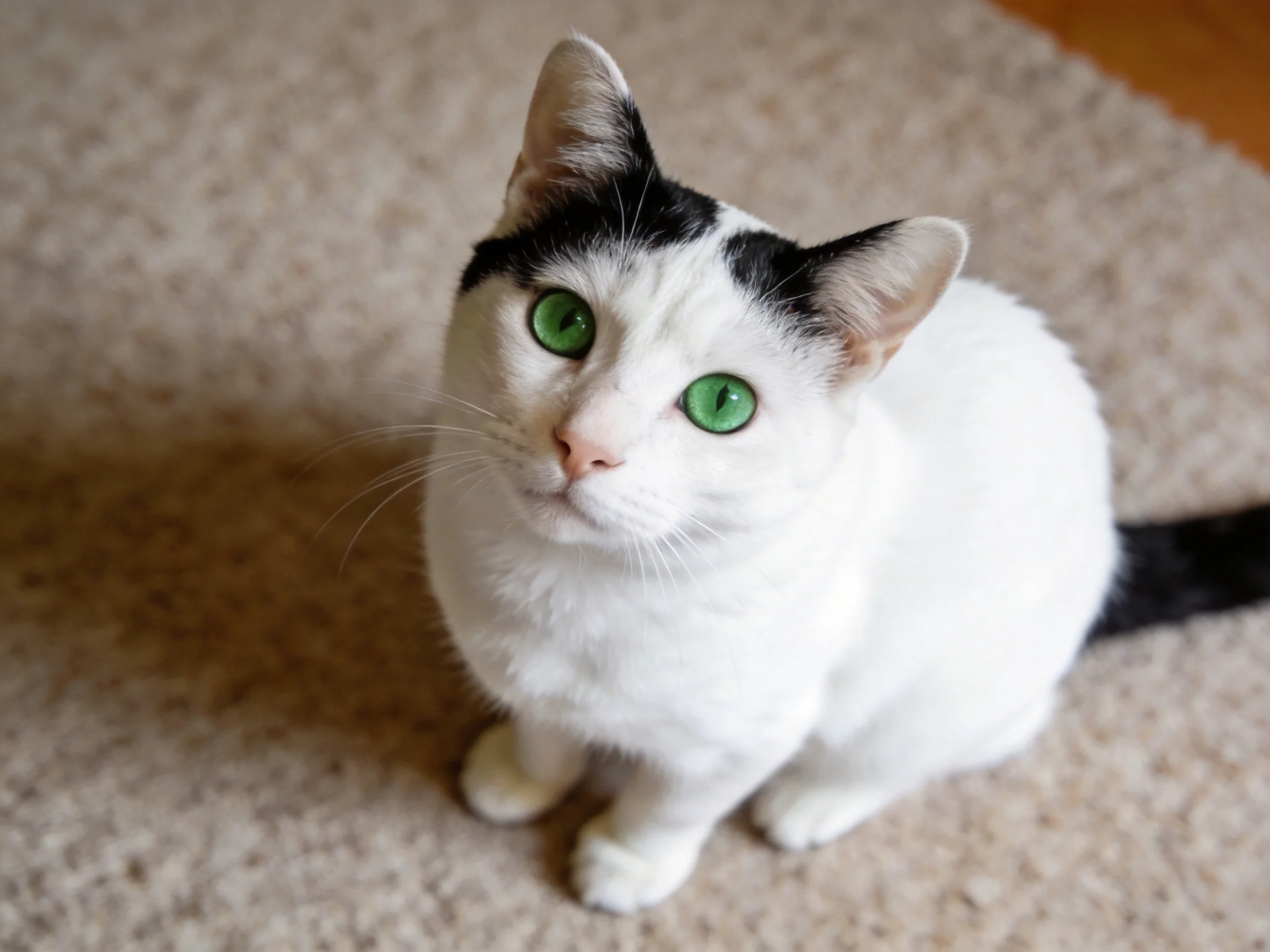 A white and black cat with bright green eyes sits on a beige carpet