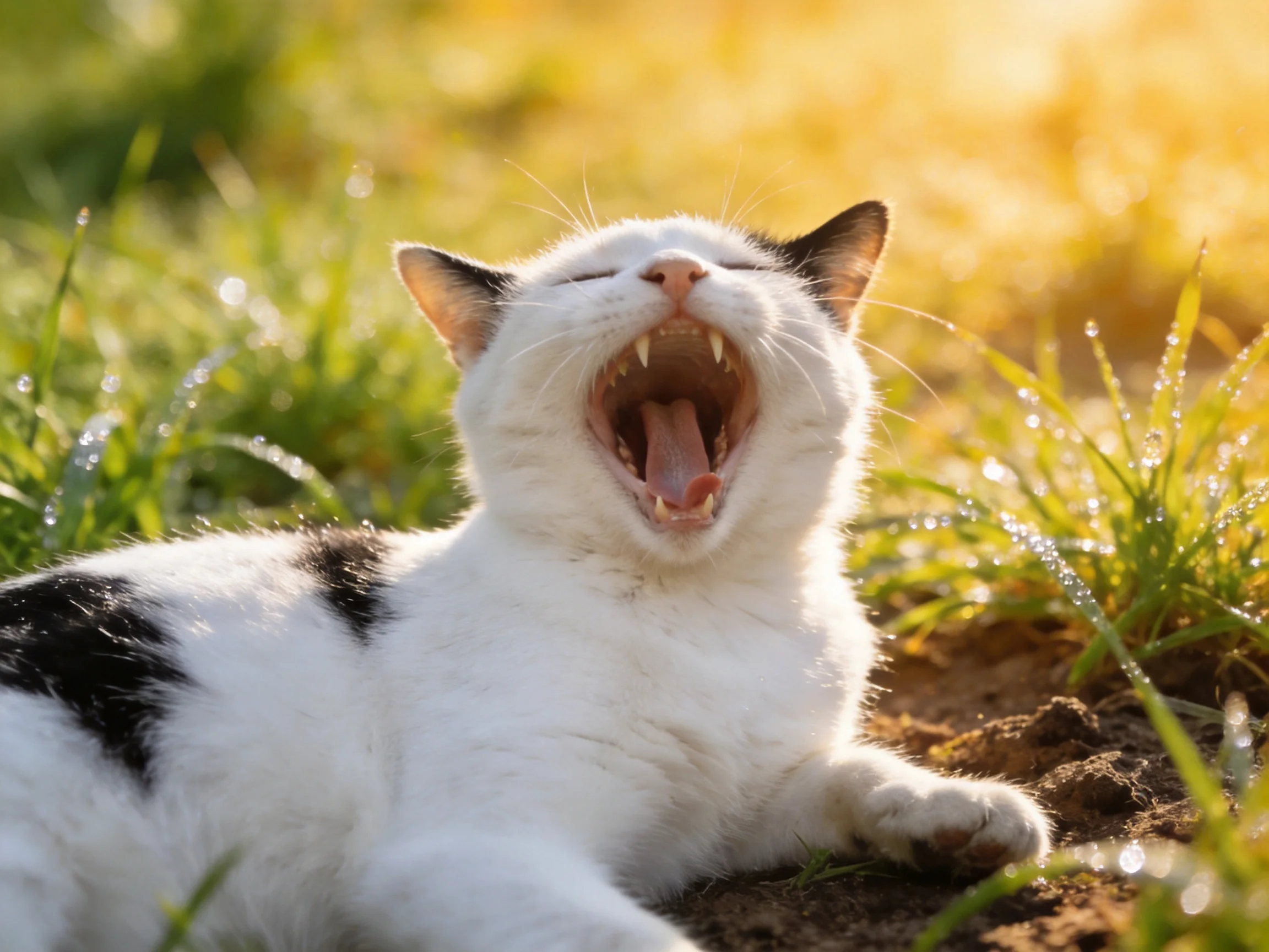 A white and black cat yawns contentedly on dewy grass in a sunlit outdoor setting.