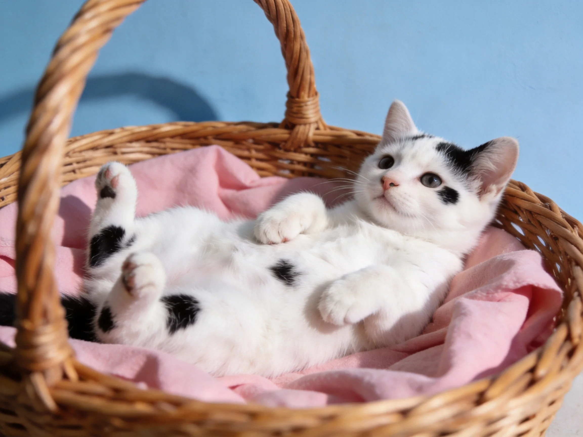 A white and black kitten relaxes in a wicker basket with pink fabric