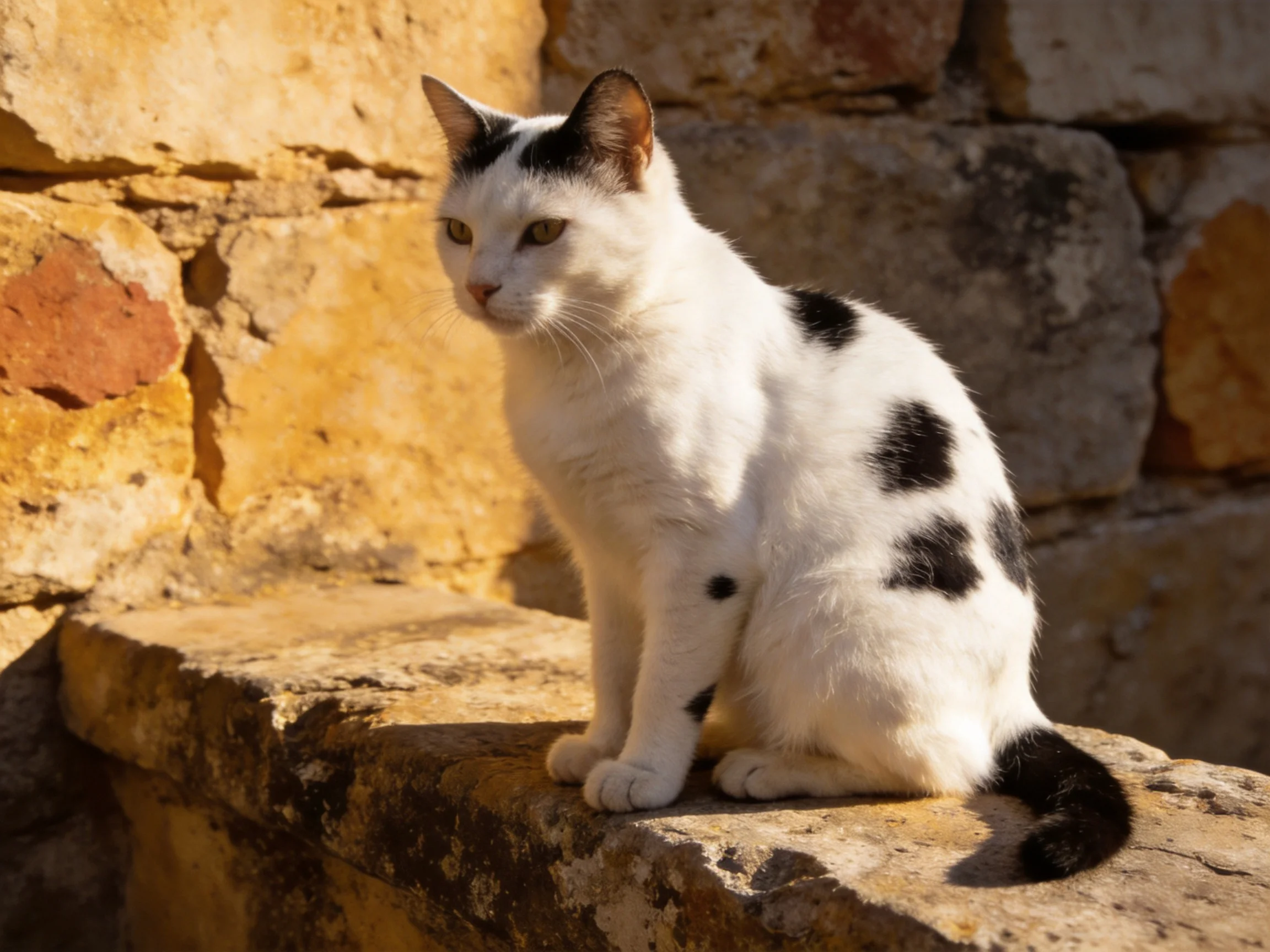 A white and black cat rests on a stone ledge beside aged stone walls.