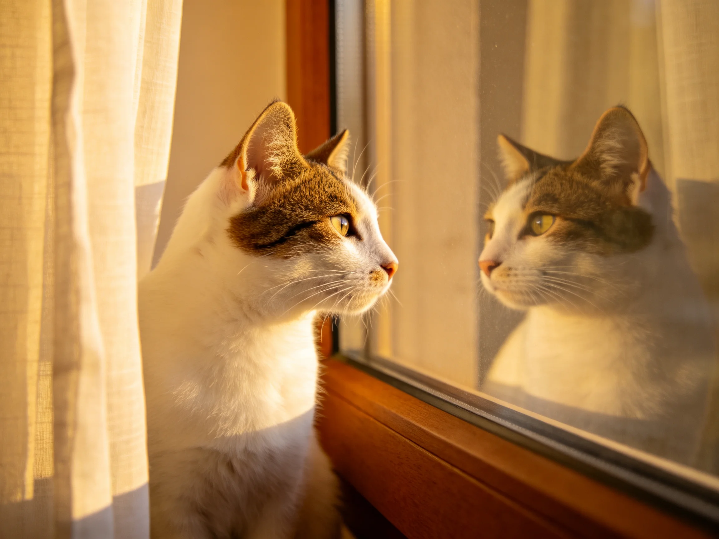A white and brown cat observes its reflection in a sunlit window.