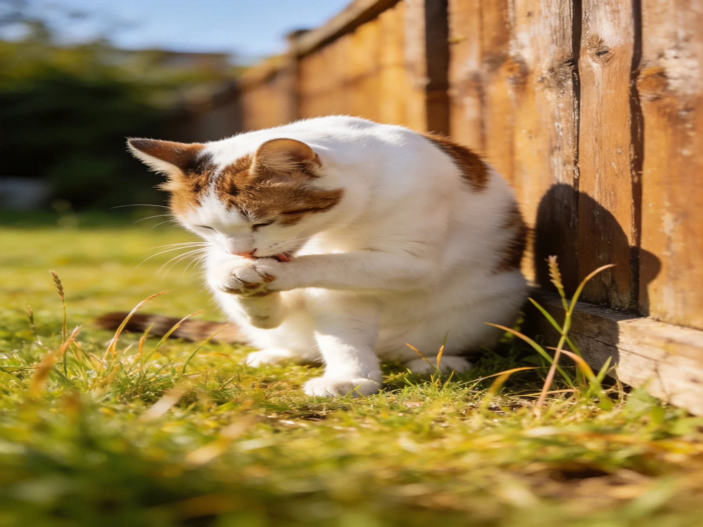 A white and brown cat grooms itself near a wooden fence