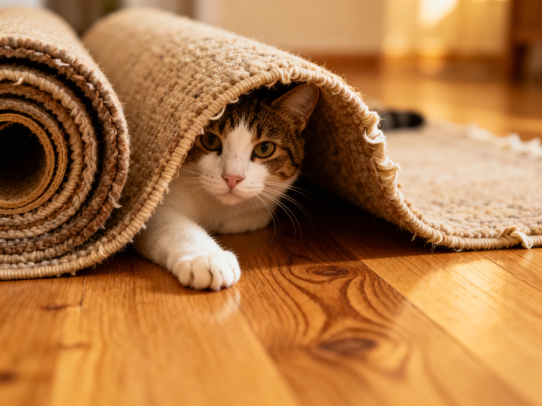 A white and brown cat hides under rolled beige rugs on a polished wood floor