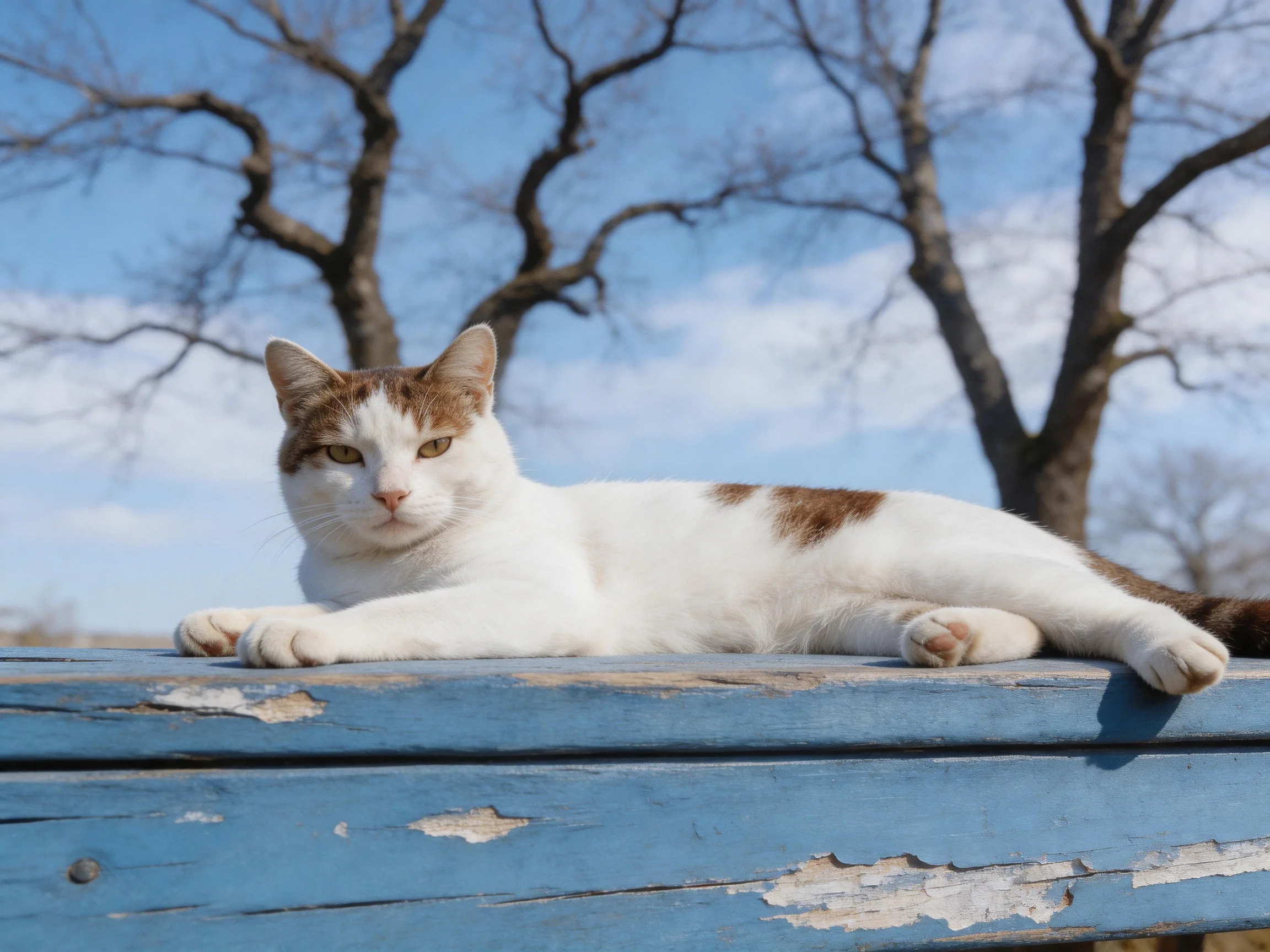 A white and brown cat relaxes on a worn blue structure amid leafless trees