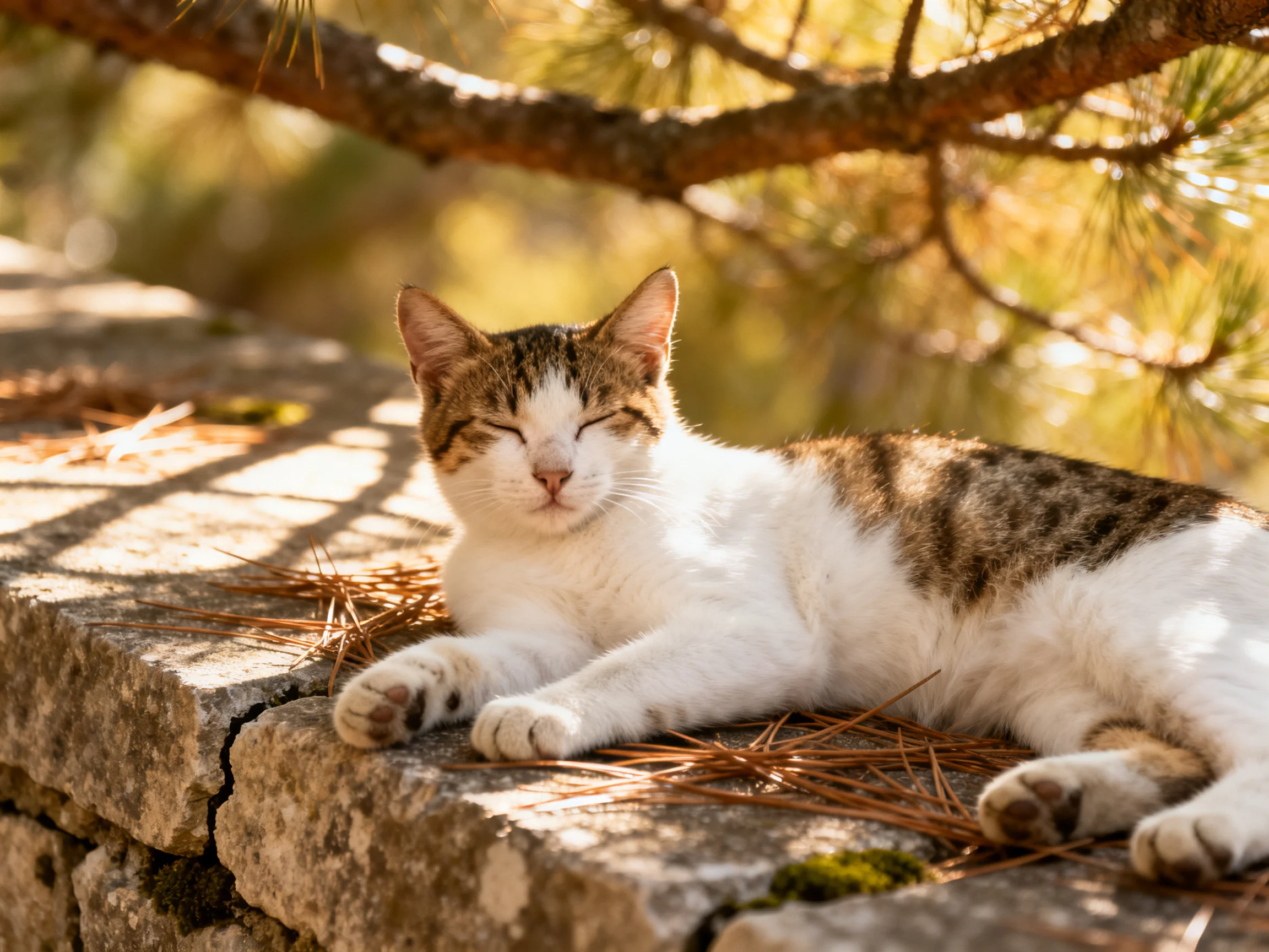 A cat with white and brown fur rests on an outdoor stone wall.