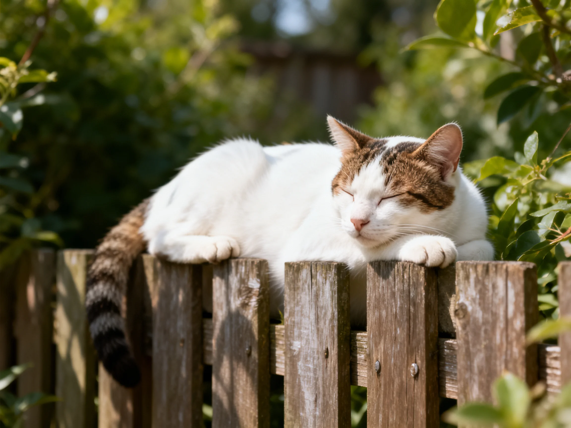 A white and brown cat sleeps peacefully on a weathered wooden fence in a sunlit garden.