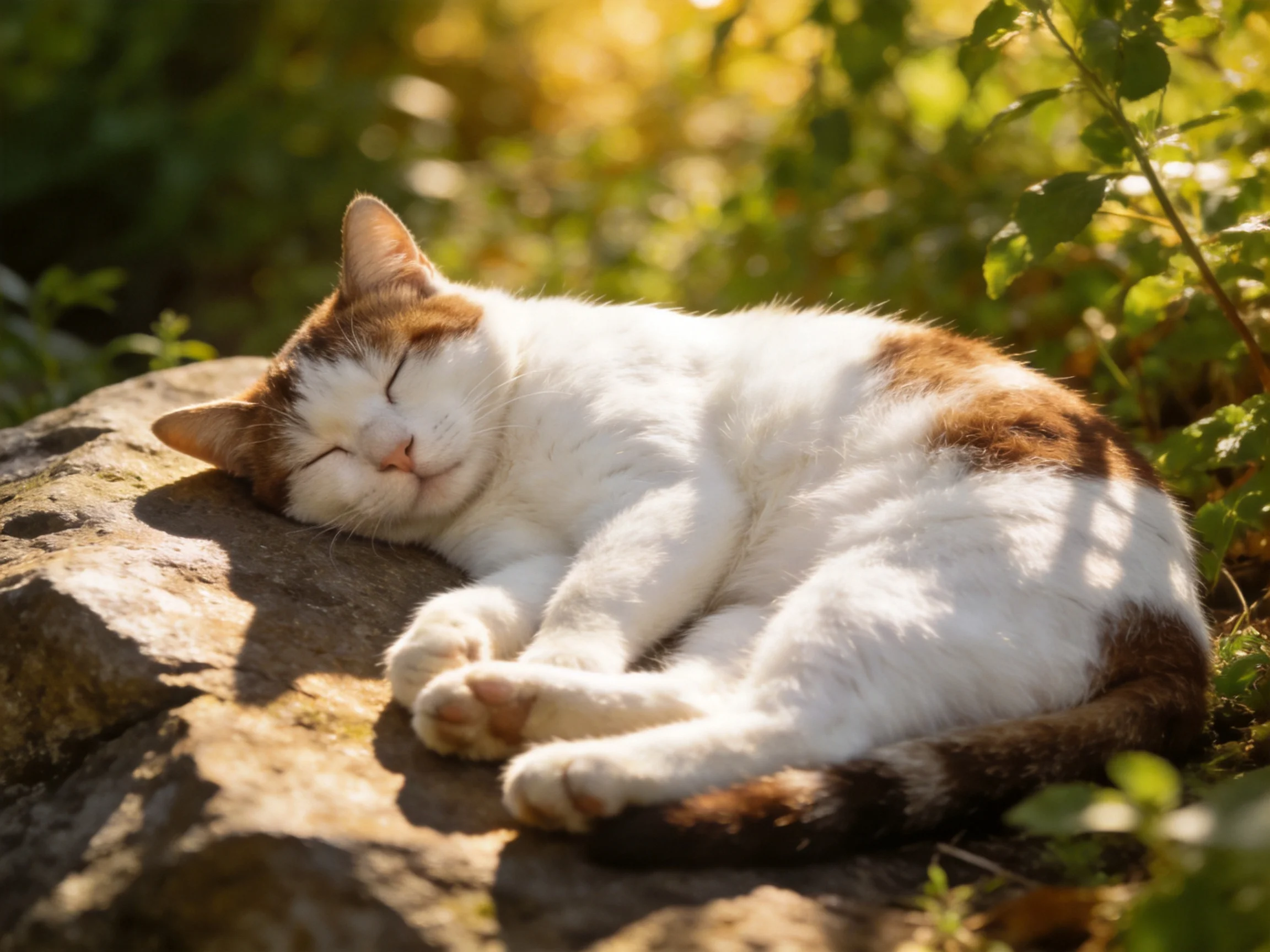 A white and brown cat naps on a sun-warmed stone amid lush greenery
