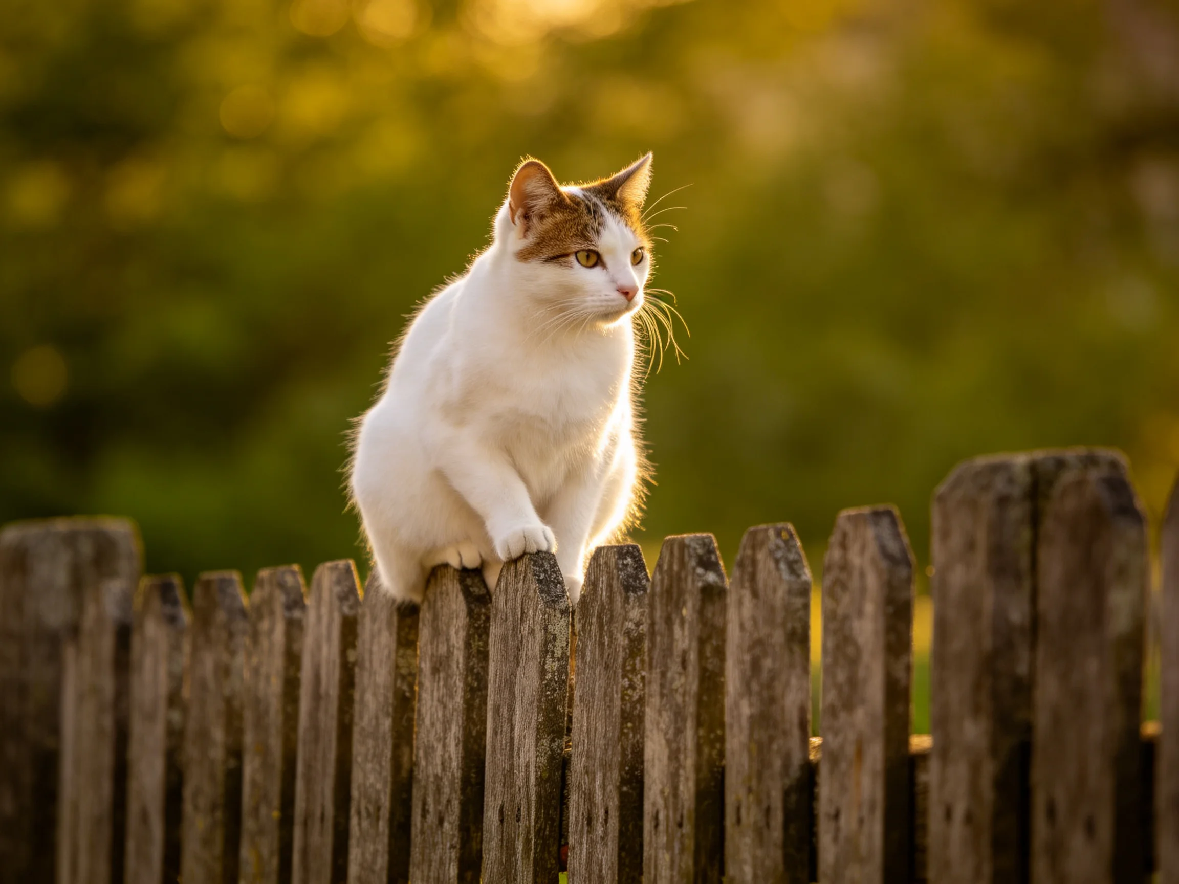 A white and brown cat sits on a weathered wooden fence lit by golden light.