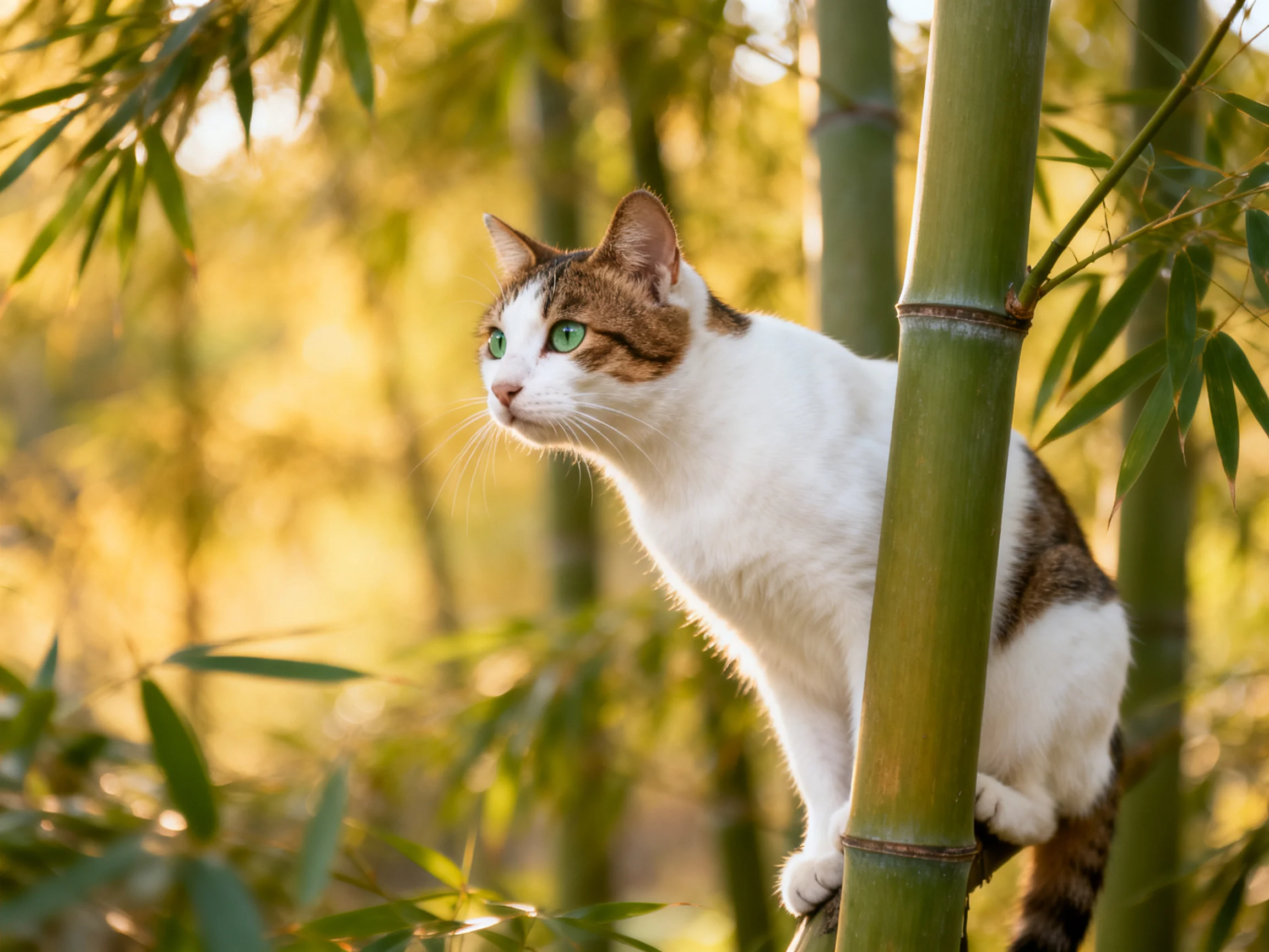 A white and brown cat rests on bamboo stalks in a sunlit bamboo grove.