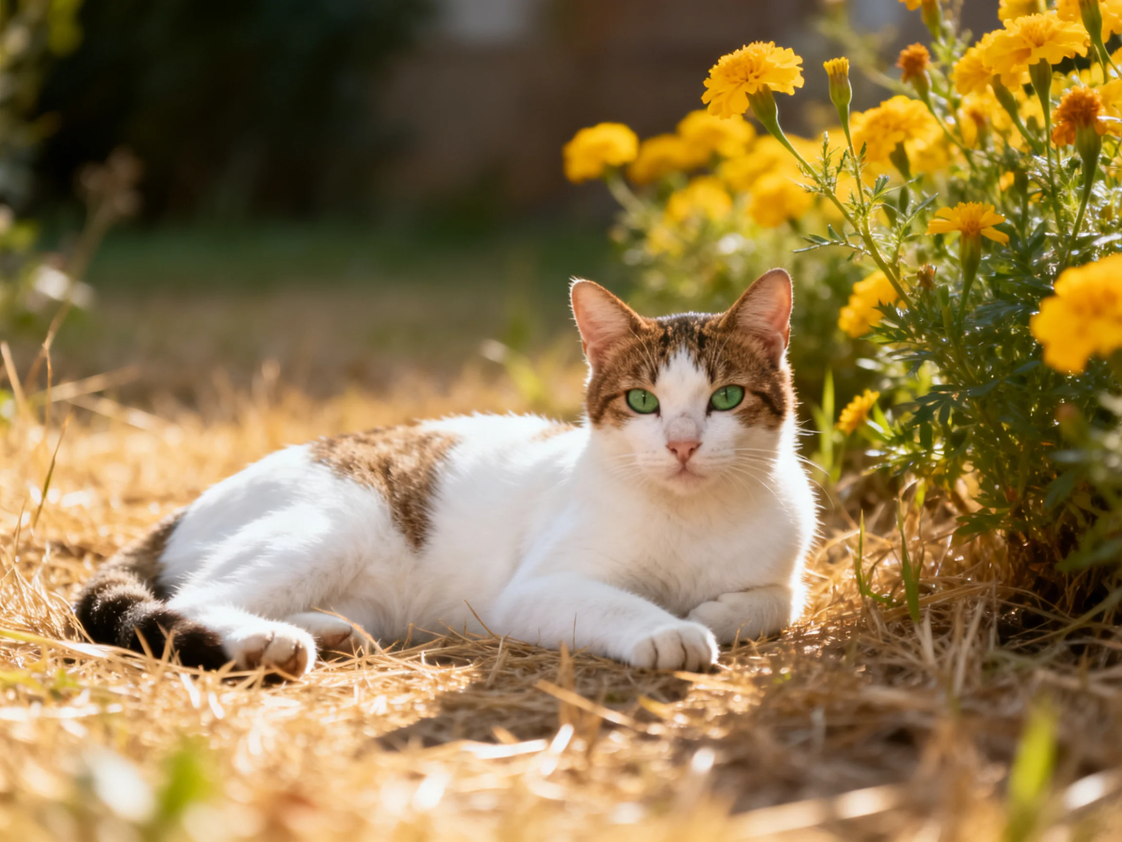 A white and brown cat rests beside vibrant yellow marigolds in golden grass