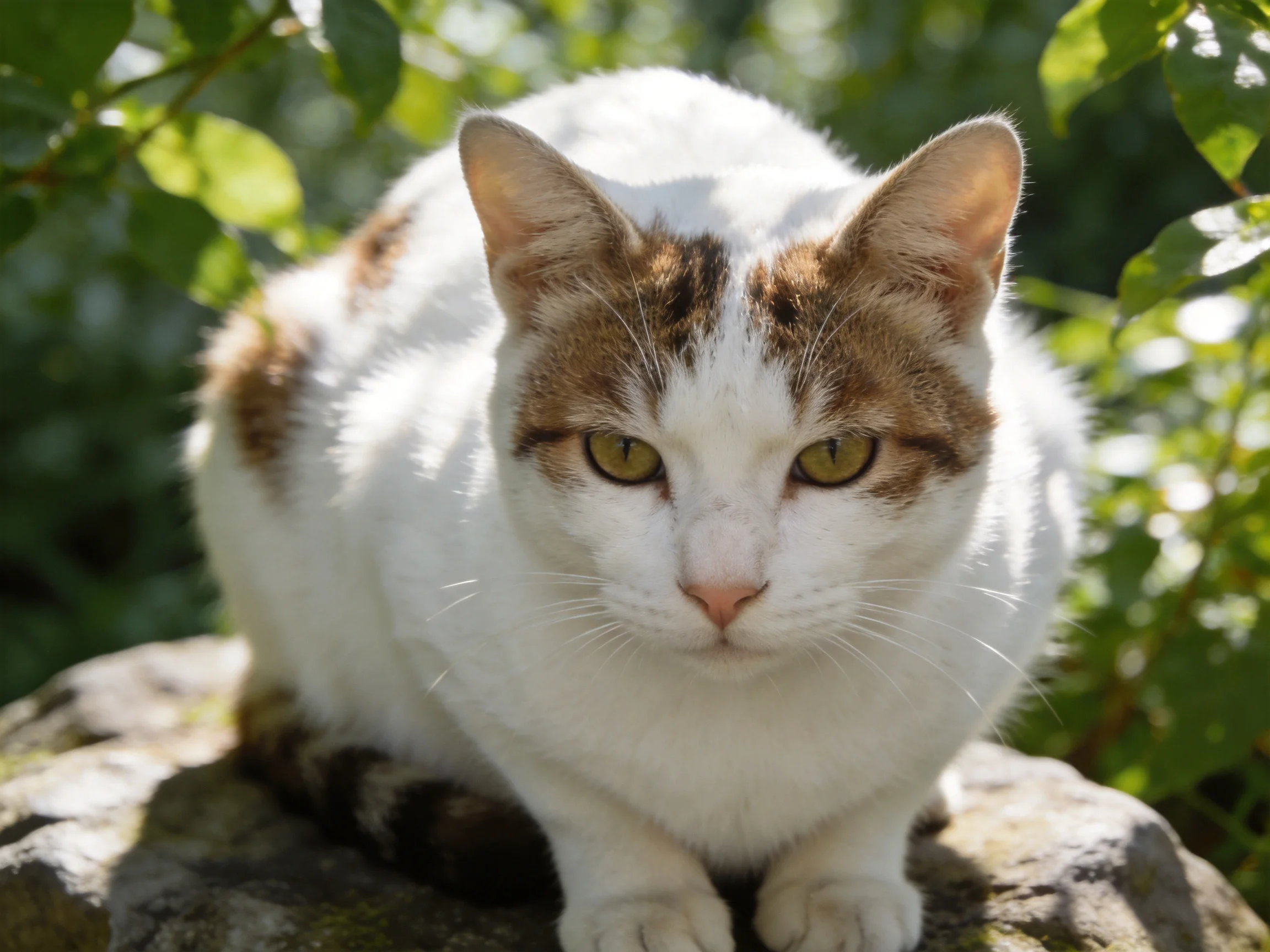 A white and brown cat rests on a moss-covered stone amid lush greenery